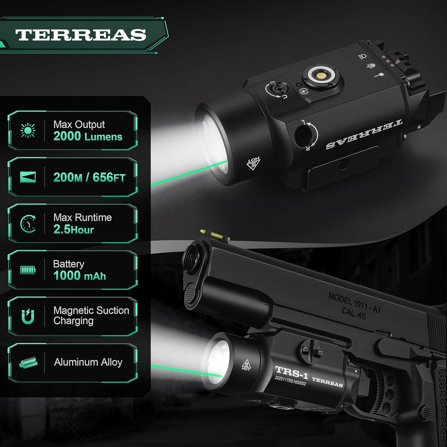 Upgraded 2000 Lumens Magnetic Rechargeable Weapon Light & Green Laser Combo, Aluminum Alloy Tactical Flashlight with Adjustable Rail, Strobe Mode, Fits Most Picatinny/GL Rail & Holsters