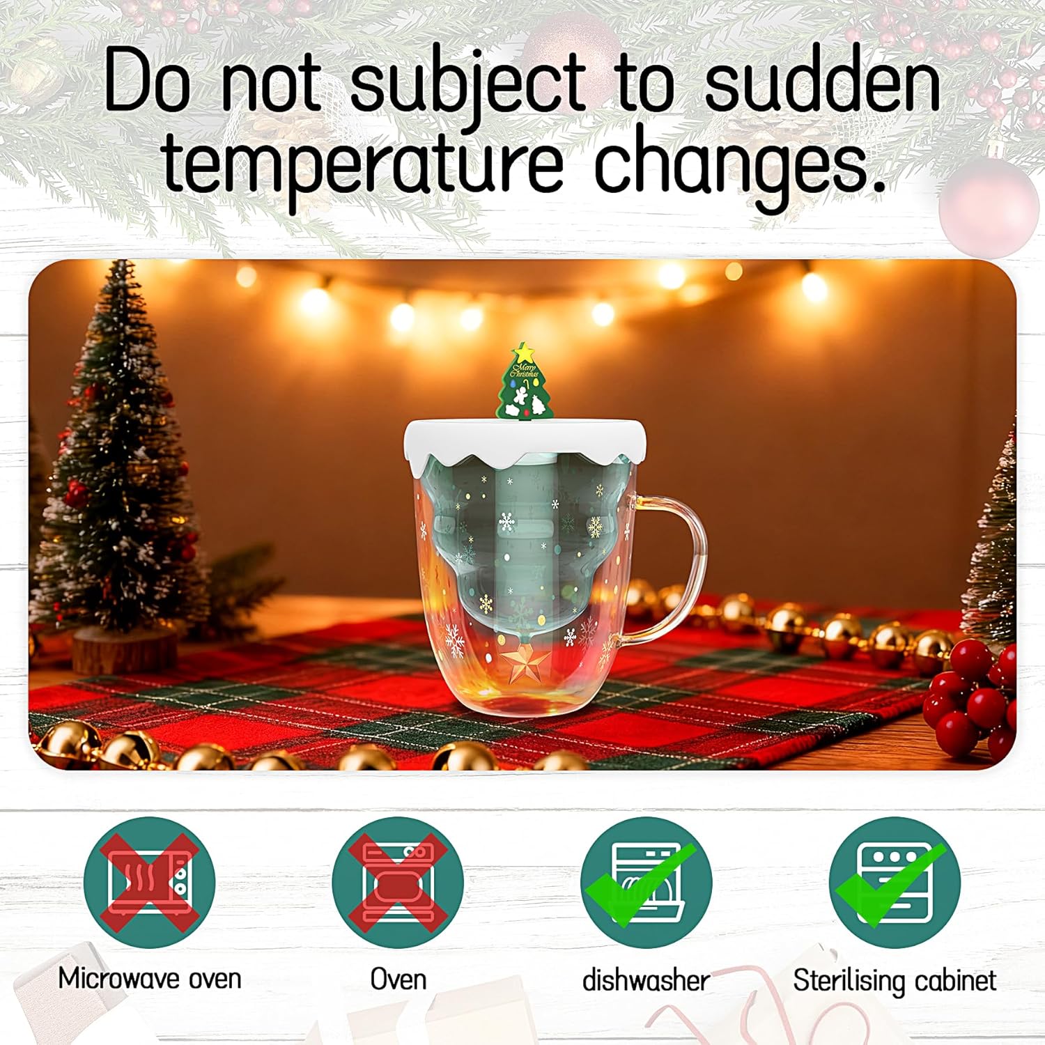 2 Pack Christmas Mugs, Double Walled Borosilicate glass mug set with Snowflake Lid, Cute Mugs for Hot Cocoa and Coffee, 300ml Christmas tree mugs Holiday Gifts for Family, Friend