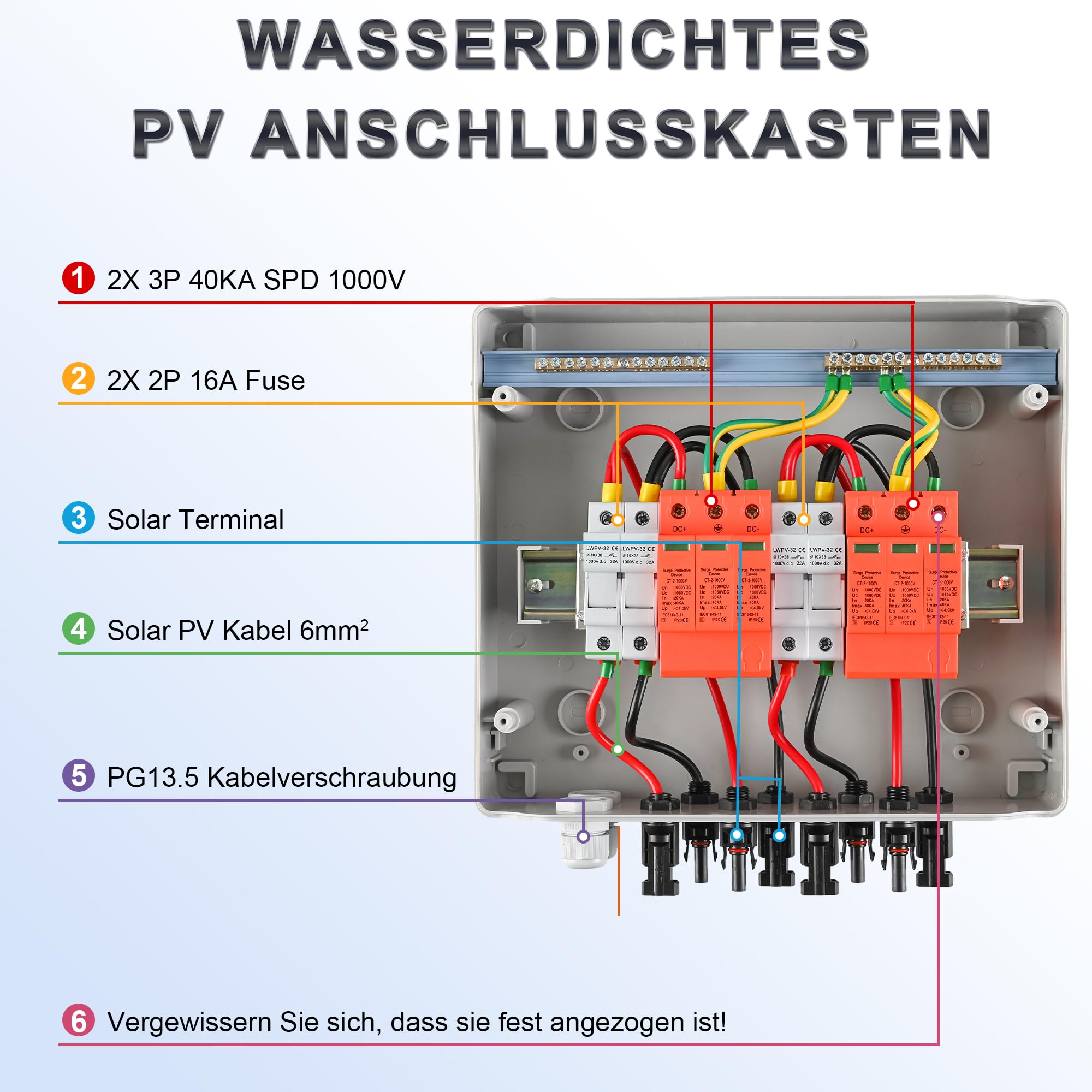 Warmfay Protezione da sovratensione PV DC1000 V, protezione da fulmini, impianto PV 20-40 KA, protezione solare da sovratensione, 2 stringhe 12 moduli con fusibile 16, IP65, impermeabile e resistente