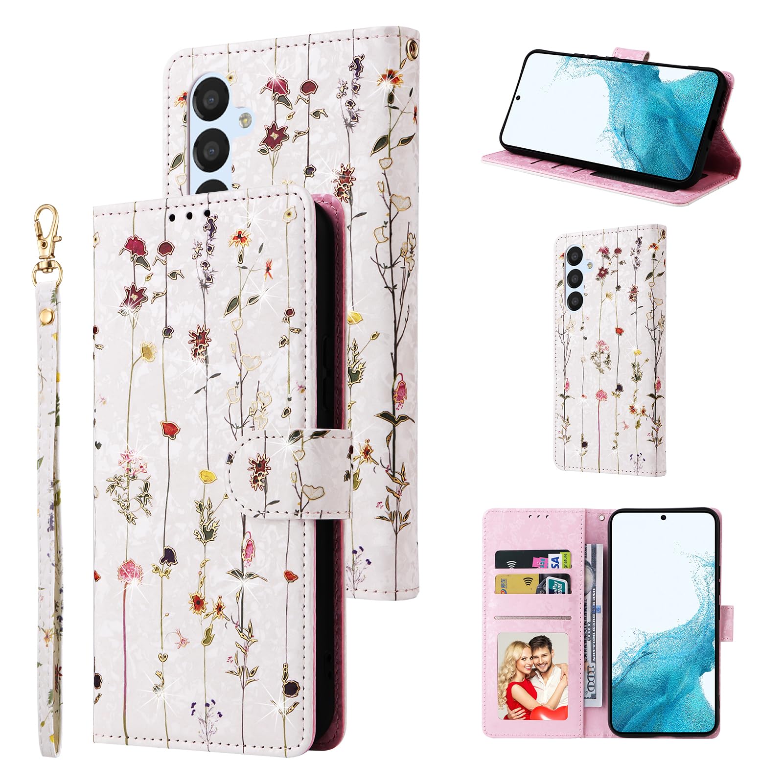 UEEBAI Wallet Case for Samsung Galaxy S25 Plus 5G, PU Leather Phone Case Kickstand RFID Blocking Flip Case Card Slots Wrist Strap Relief Engraved