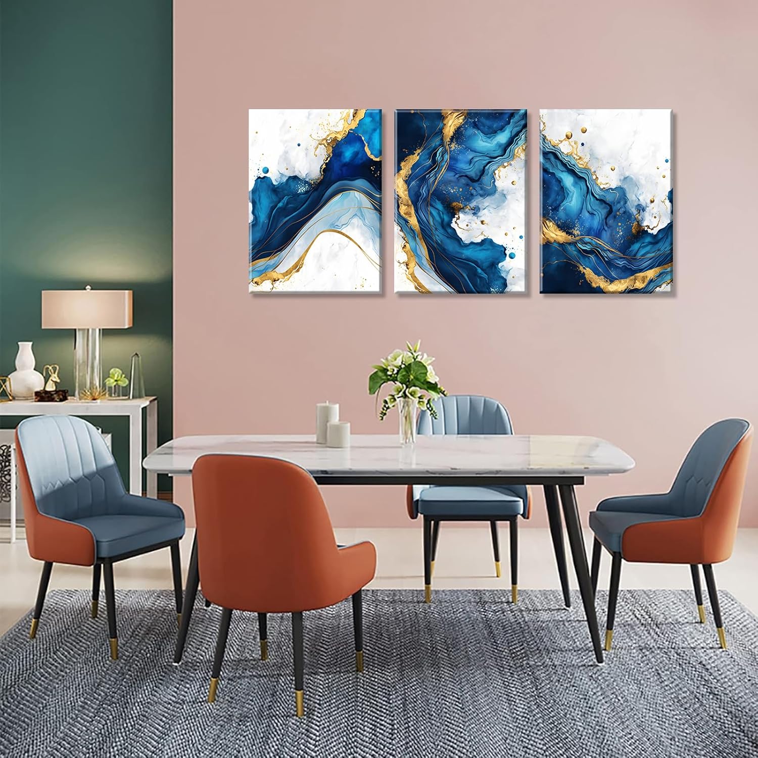 3Pcs Blue Gold Abstract Canvas Wall Art Modern White Blue Gold Foil Wall Decor Pictures Navy Blue and Gold Luxury Marble Posters Prints for Living Room Bedroom Home Decoration 16x24in - Image 6