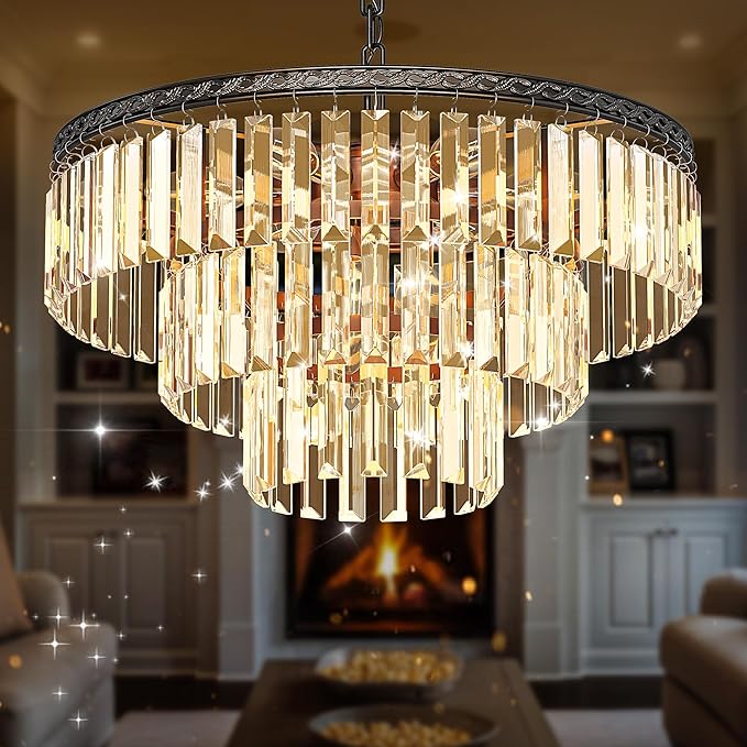 DWVO Black Crystal Ceiling Light Pendant Light 20in, 9-Light Round 3-Tier Adjustable Hight Modern Luxury Crystal Chandeliers for Living Room Entryway Bedroom Dining Room - E12 Base