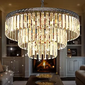 DWVO Black Crystal Ceiling Light Pendant Light 20in, 9-Light Round 3-Tier Adjustable Hight Modern Luxury Crystal Chandeliers for Living Room Entryway Bedroom Dining Room - E12 Base