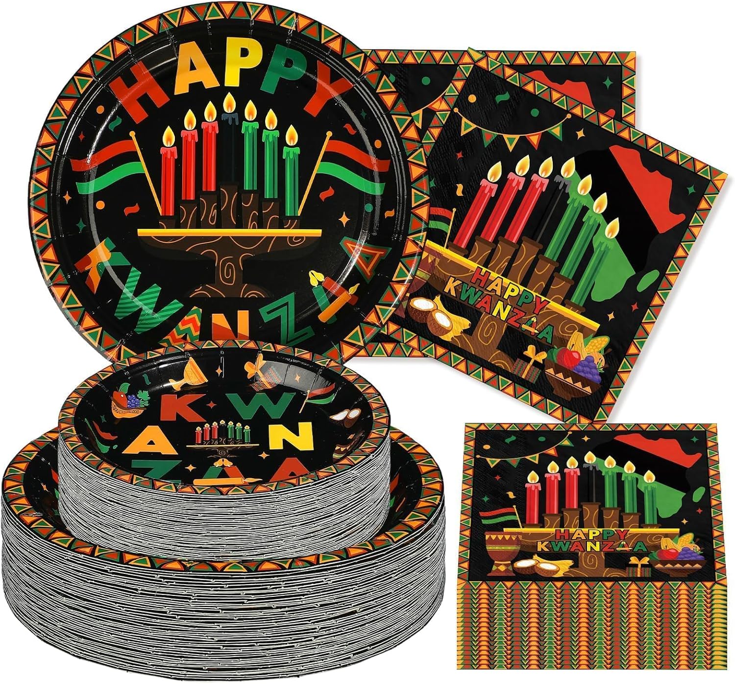 200 Pcs Kwanzaa Party Decorations Africans American Traditional Festival Paper Plates and Napkins Happy Kwanzaa Tableware Set for African Heritage Holiday Party Decorations Serves 50
