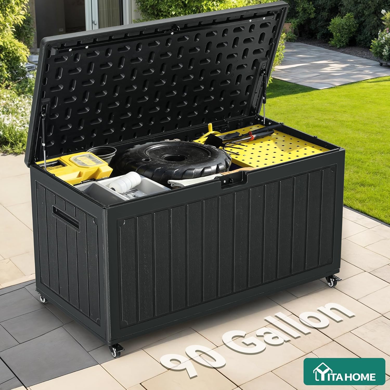 YITAHOME 90 Gallon Outdoor Storage Box with 6 Wheels, Large Double-Wall Resin Deck Box, Lockable Waterproof Outside Storage for Patio Furniture, Cushion, Pool Float, Garden Tool, Black