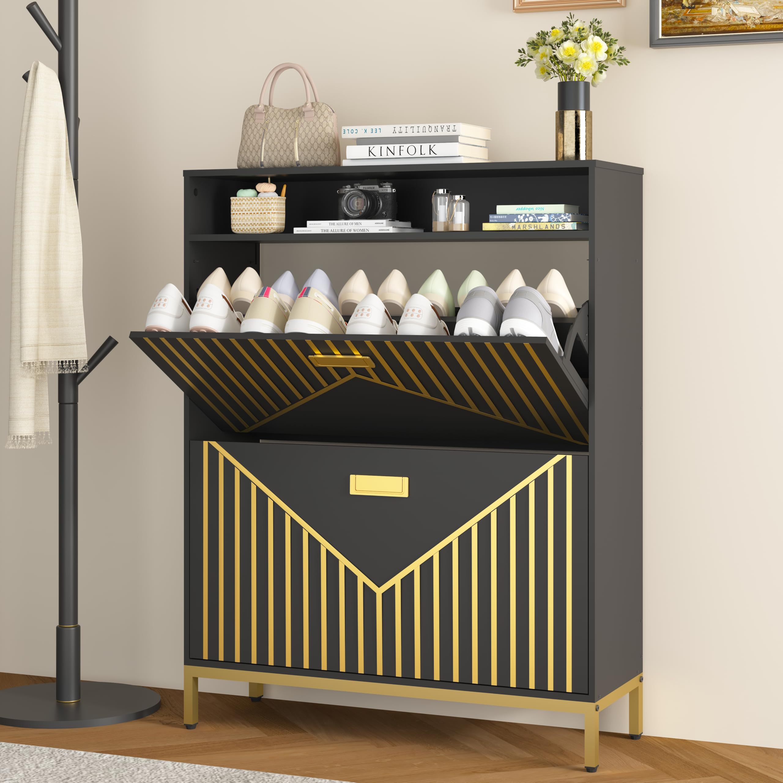 Shoe Cabinet Storage for Entryway,Shoe Storage Cabinet with 2 Flip Drawers, Shoe Organizer Cabinet with 2 Tier Narrow Shoe Rack Organizer Wooden Shoe Rack for Front Door Entrance, Closet