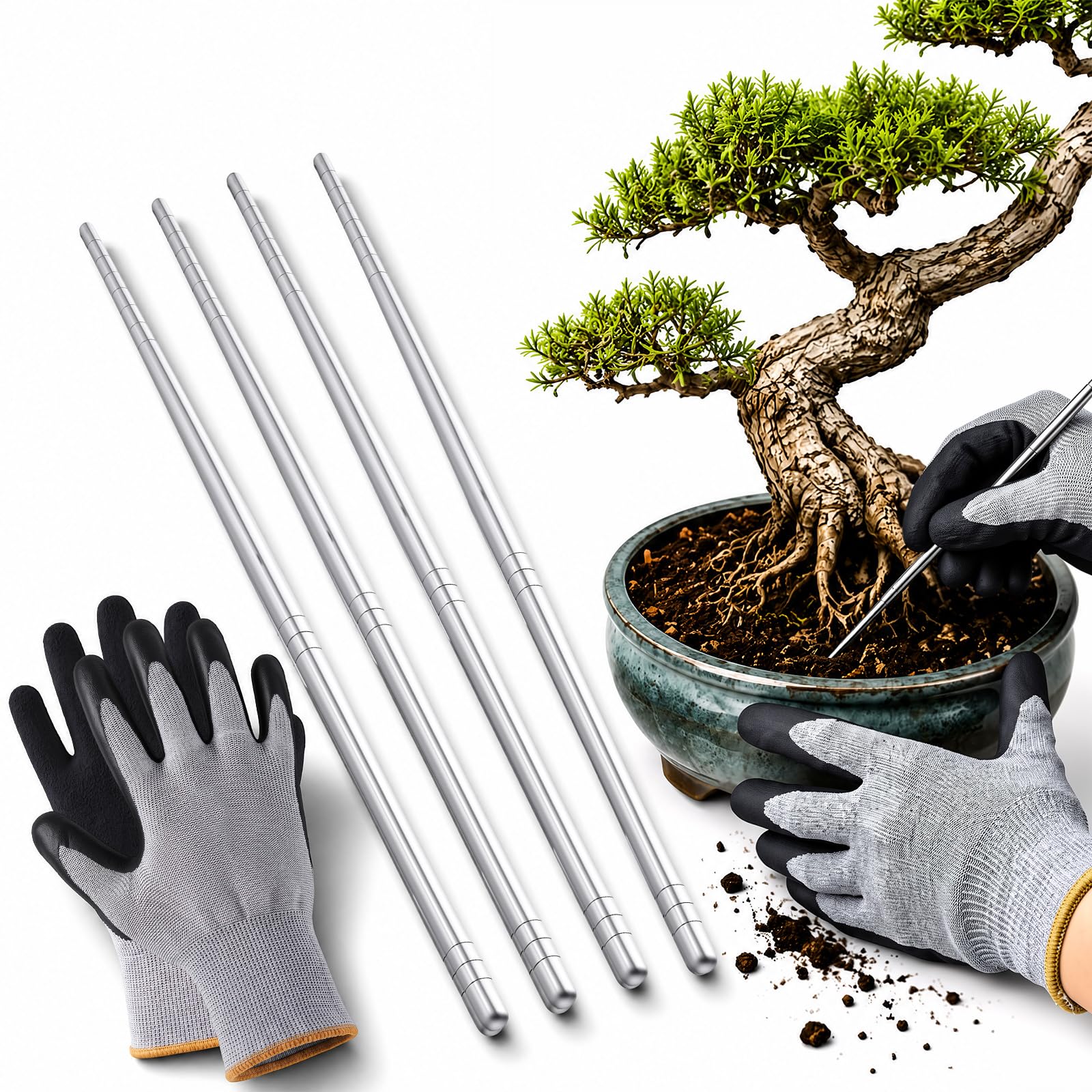 5 Pcs Stainless Steel Bonsai Repotting Stick Set with Gloves