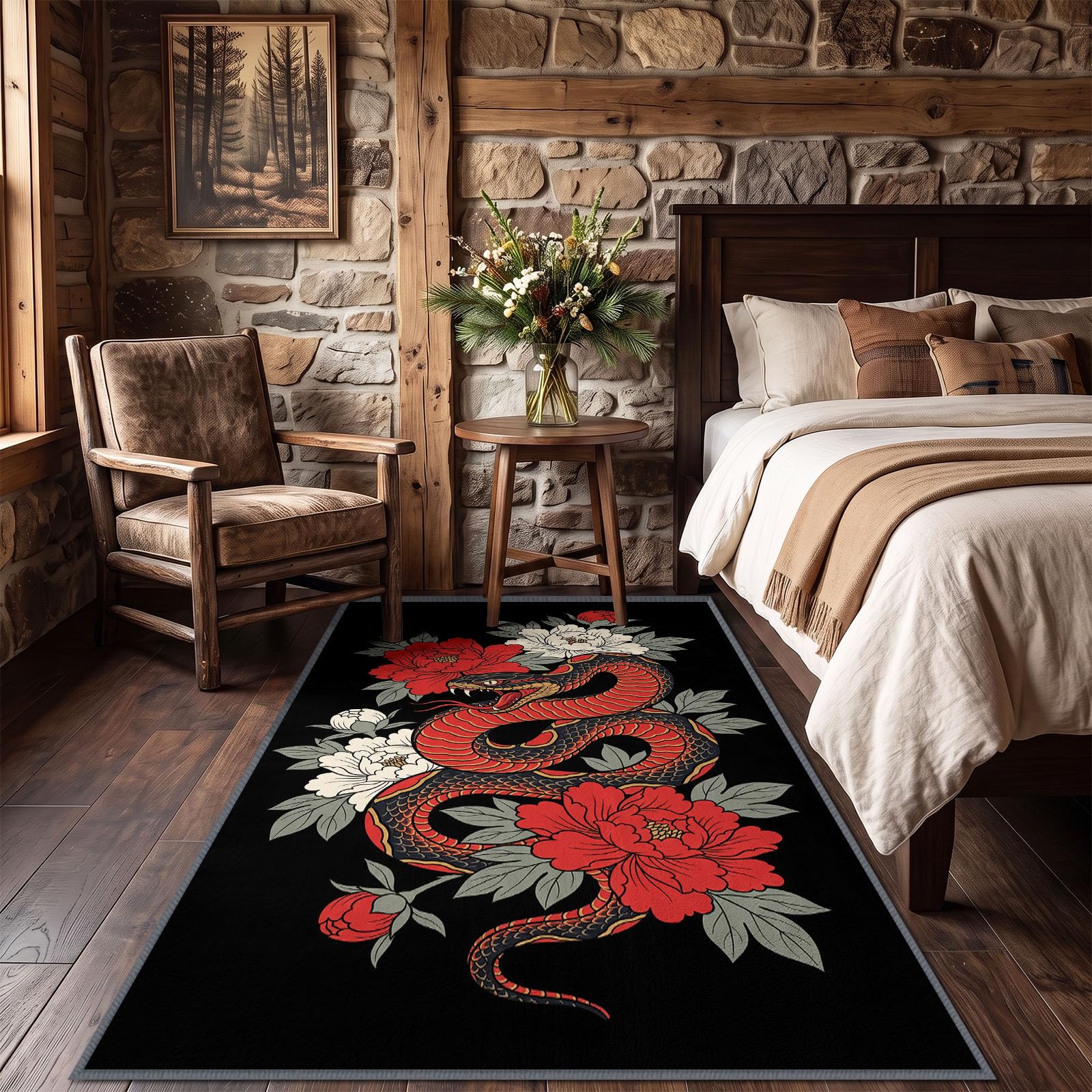 Chodnik dywanowy, 60 x 120 cm, japoński, czarno-czerwony wąż bieżnik, dywan