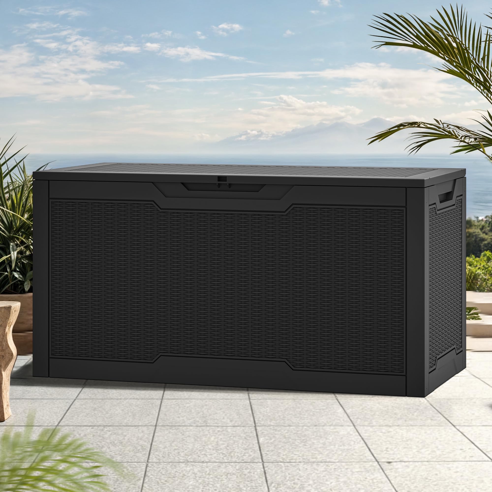 DWVO Scatola portaoggetti da giardino per esterni, 380 l, 115,4 x 55 x 58,3 cm, effetto rattan, contenitore in resina per cuscini, accessori da piscina, scarpe, impermeabile, bloccabile in modo sicuro