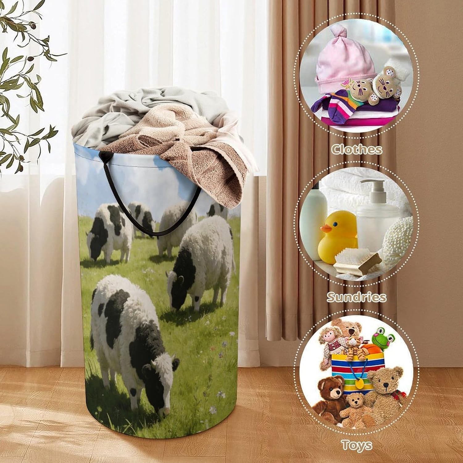 Cute Cows Watercolor Laundry Hamper 86L Waterproof Collapsible Clothes Basket with Double Handles Freestanding Foldable Laundry Basket Large Clothes Hamper for Bathroom