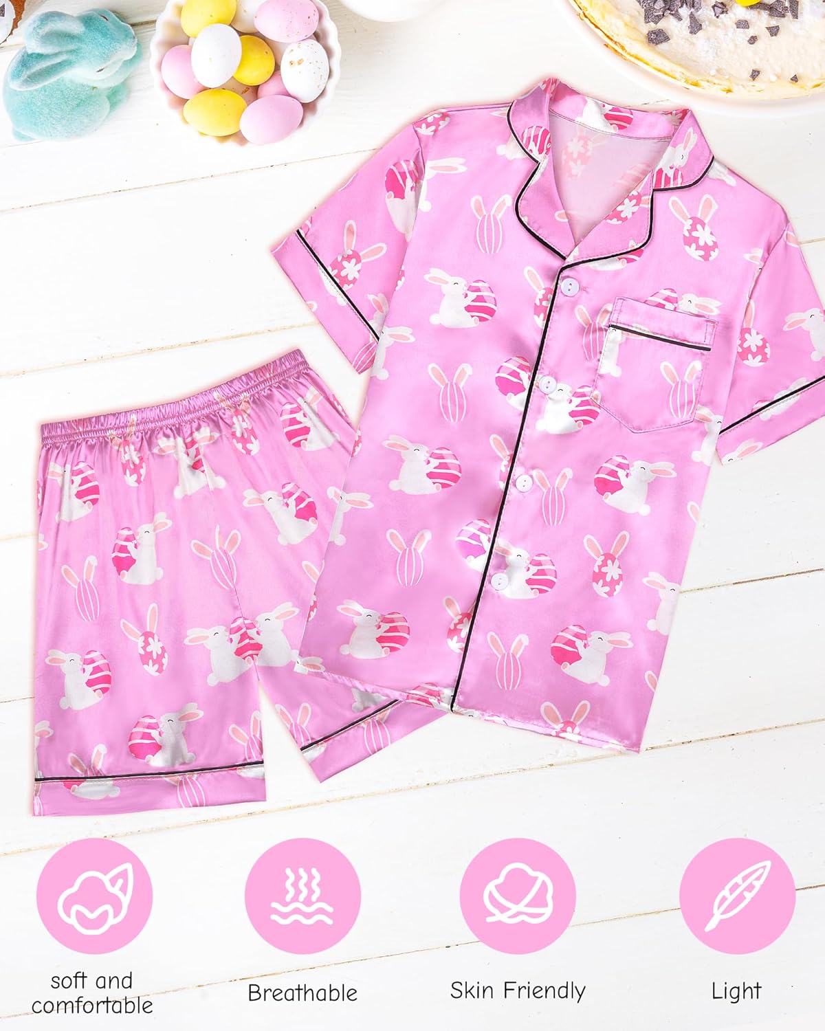 Kids Girls Pajama Set Silky PJS Button-Down Sleepwear Nightwear Loungewear Clothes Set Gifts - Image 4