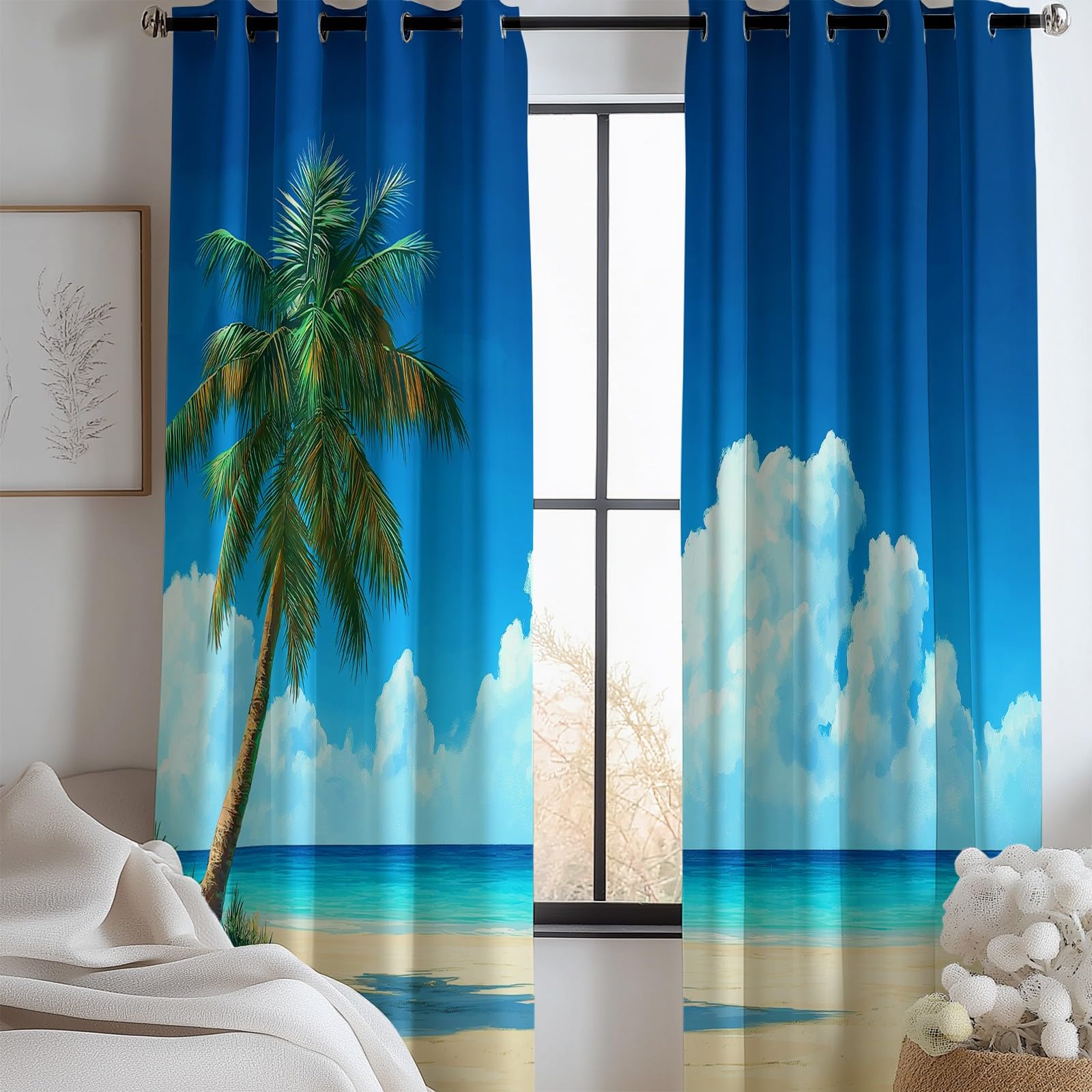 Générique Rideau Occultant Plage Palmiers Ciel Nuages, Rideaux Isolant Thermiques et Phonique - Draperies Oeillets Anti Froid Jaune pour Salon Chambre Fenêtre Décoration 110L x 215H cm 2 Panneaux