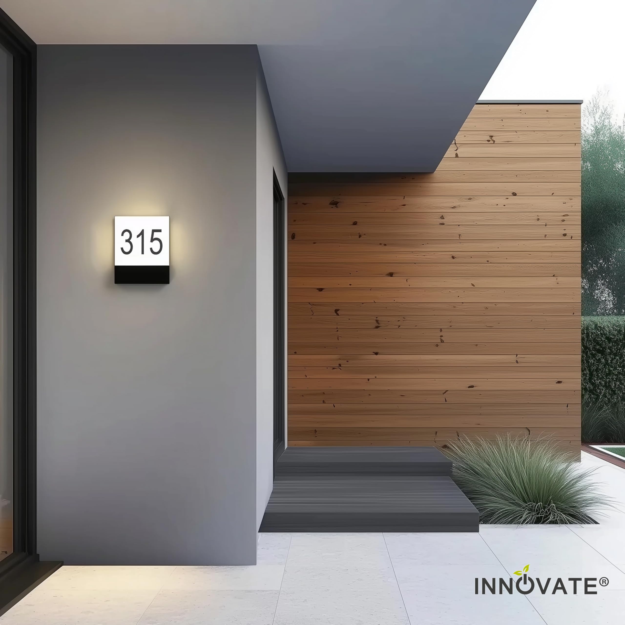 Innovate LED Hausnummer beleuchtet 230V – Außenleuchte - Wandlampe aussen schwarz – Witterungsbeständig nach IP54 - Warmweiß - inkl. Selbstklebeziffern