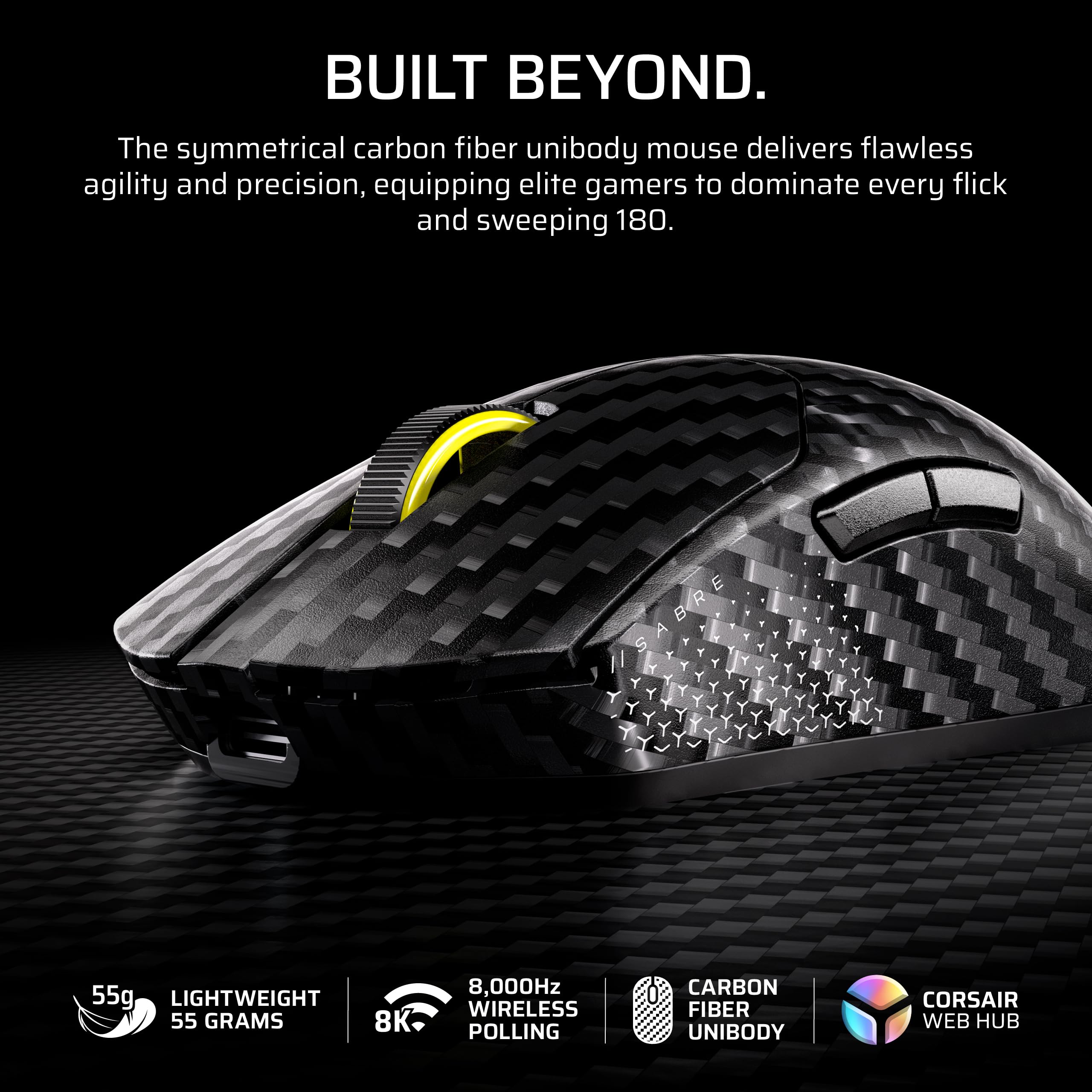 Corsair Sabre v2 PRO - Mouse da gioco wireless CF FPS - Sensore Marksman S 33.000 DPI, Hyper-Polling 8000 Hz, monoscocca in fibra di carbonio leggera, batteria fino a 120 ore - nero