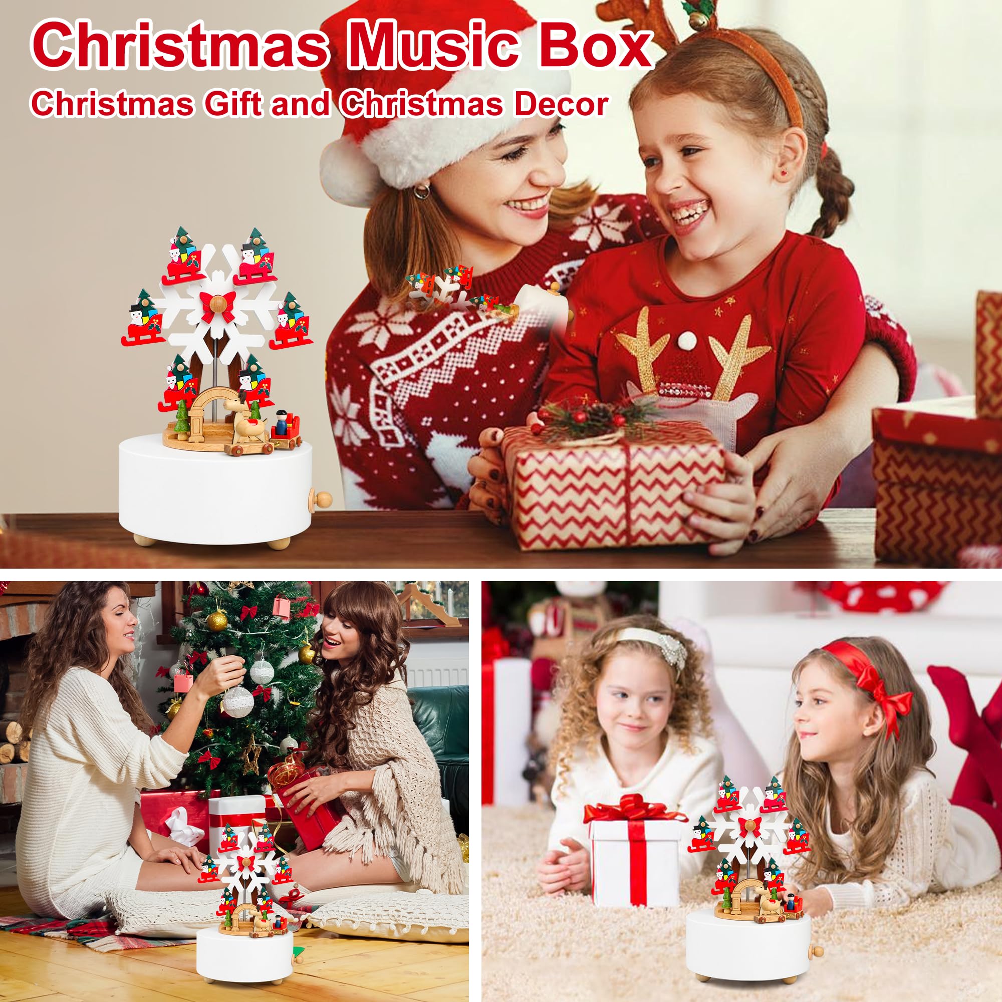 LONEEDY Holz Musikbox Weihnachtsschneeflockendeko Elch Custom für Jungen und Mädchen Rotationsbasteln (Weihnachtsschneeflocken)