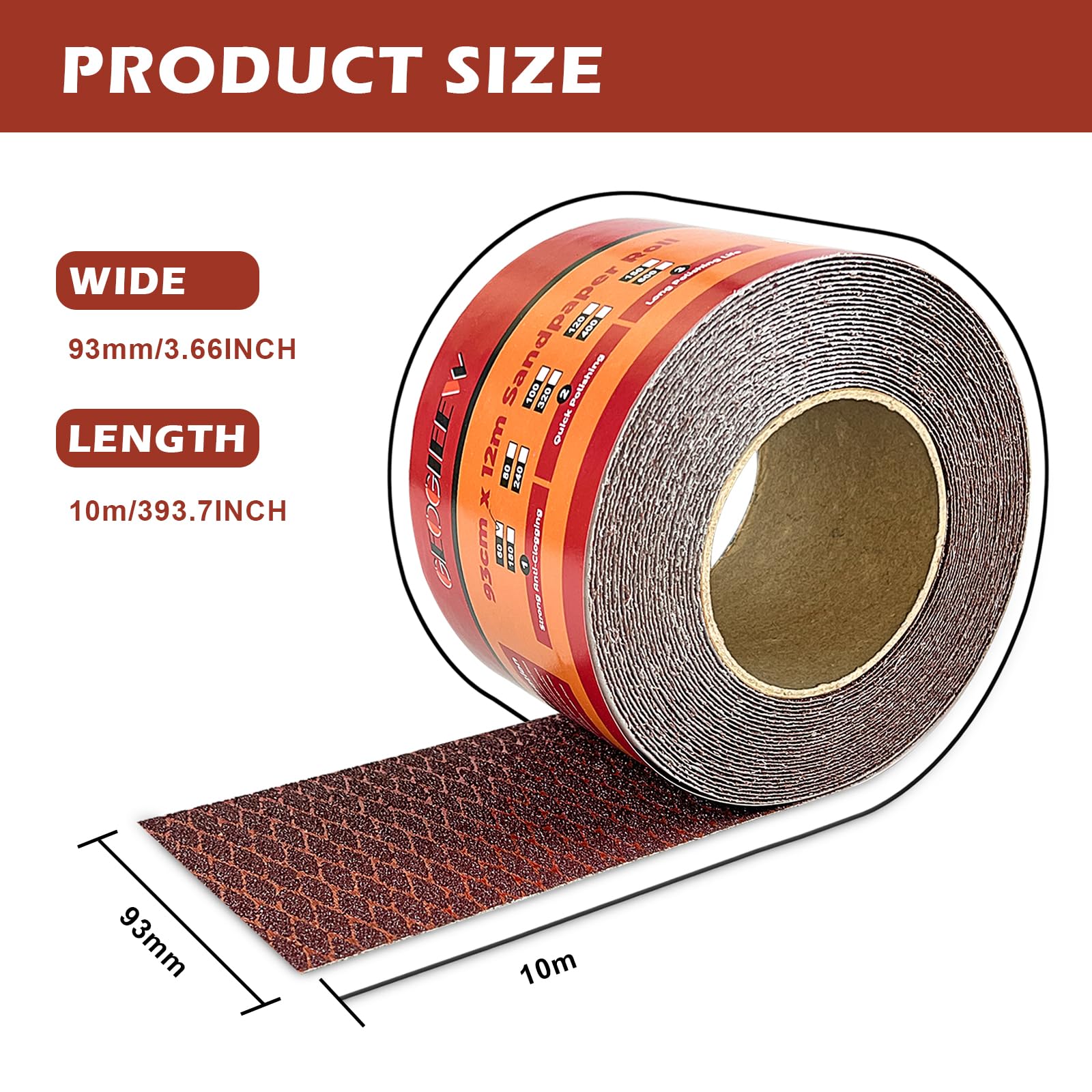 Rotolo Carta Vetrata 93mm x 10m Grana 240, Design a Forma di Diamante per Velocità di Rimozione e Riduzione Intasamento, per Legno, Muro e Carrozzeria