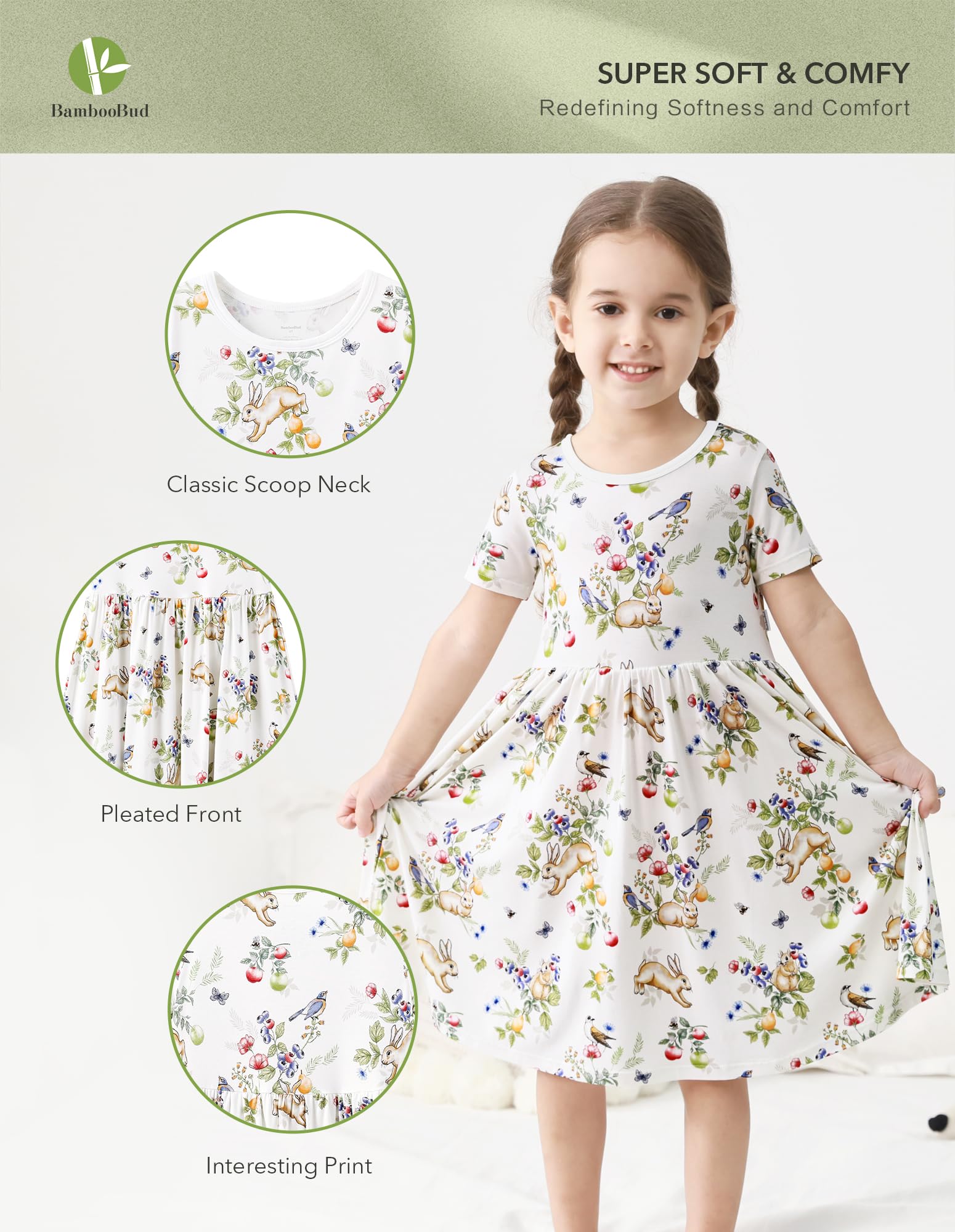 BambooBud Toddler Girl Dress Little Kids Girls Short Sleeve Skirt Tutu Summer Cute Outfit Bamboo Viscose, Rabbit, 2-3T
