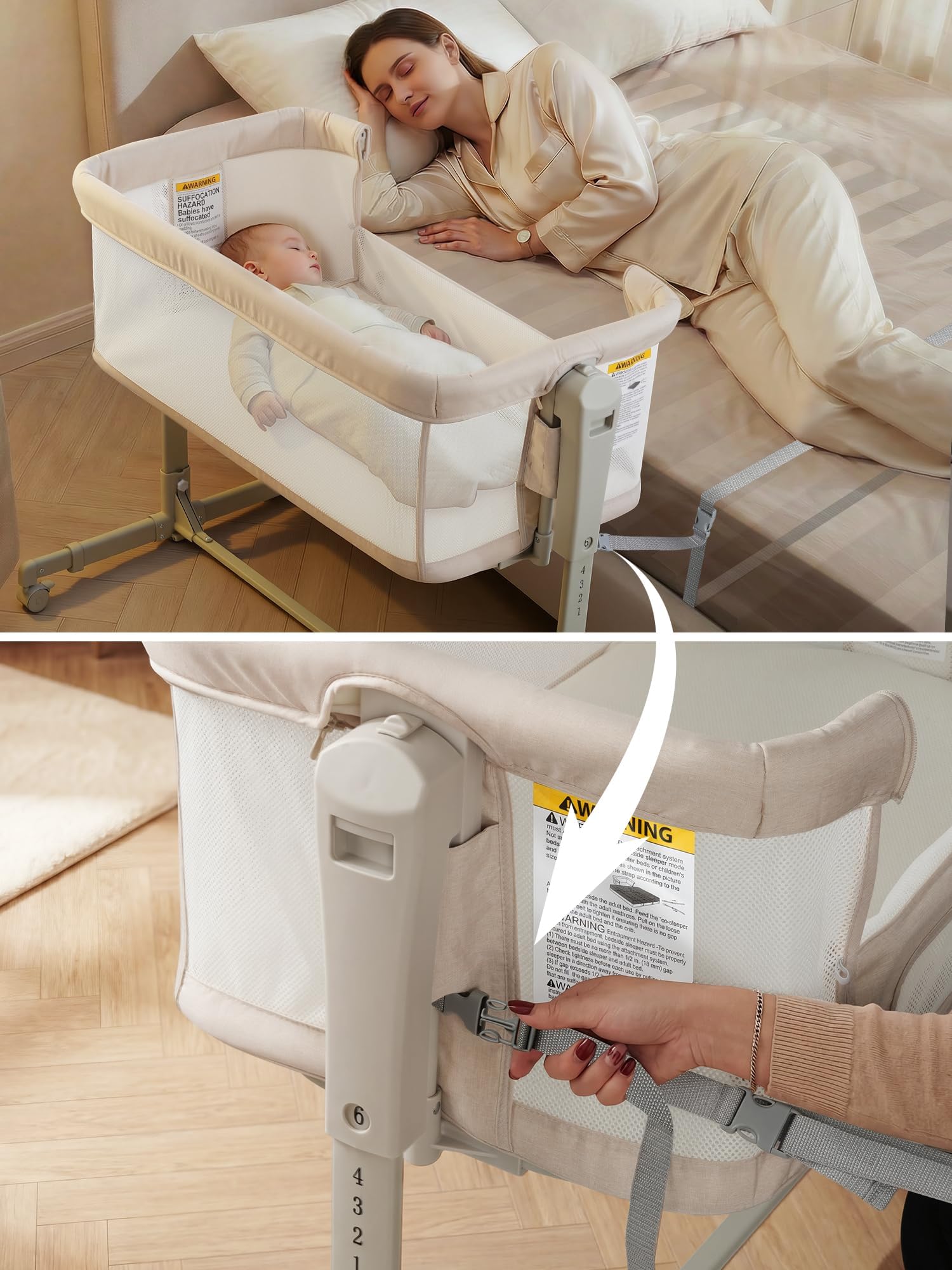 Culla Next To Me,Culla Neonato Fianco Letto 3-in-1 Oscillante con Ruote e Regolazione Altezza 6 Posizioni - Tessuto Mesh Traspirante e Materasso Morbido per Neonati e Infanti