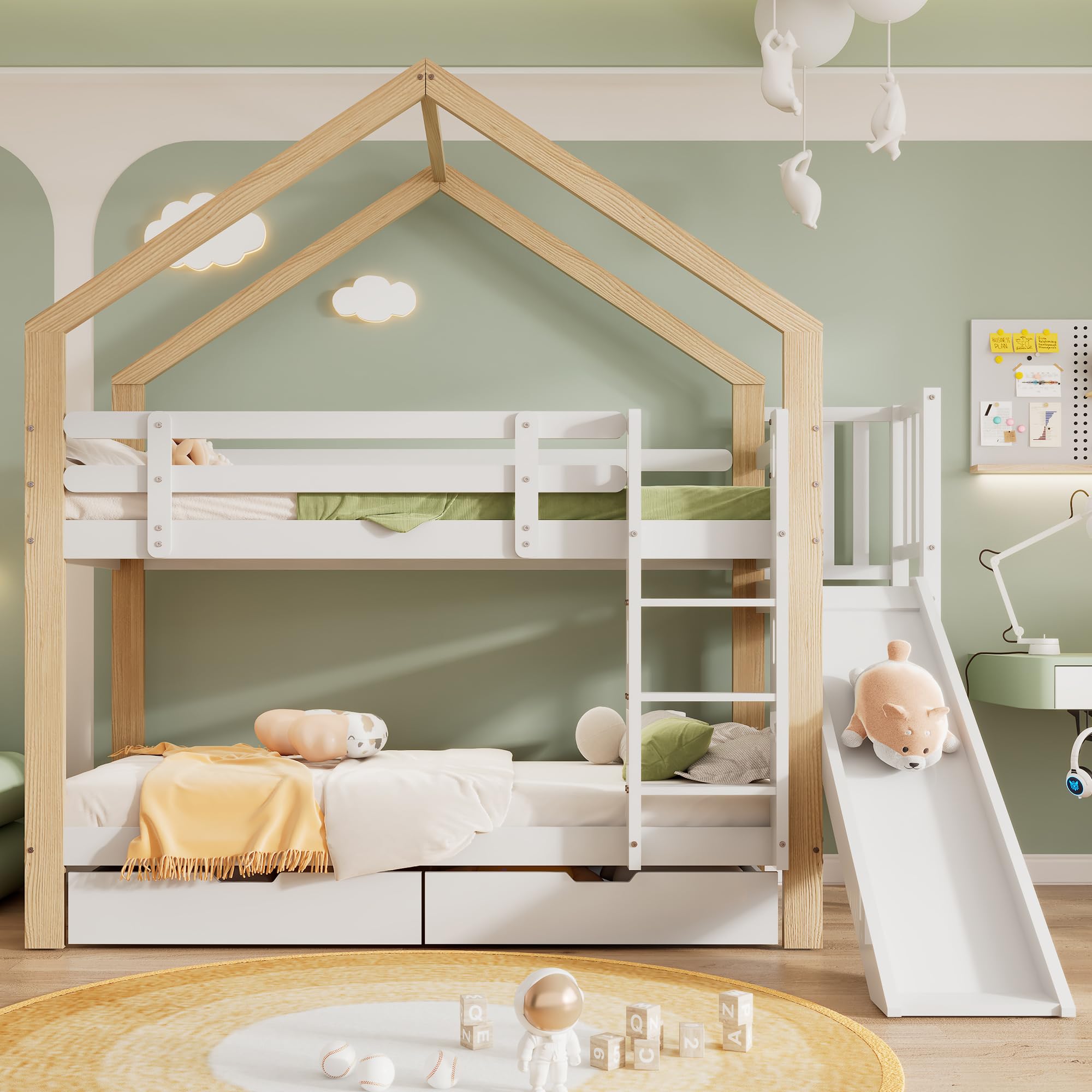 Litera con tobogán y escalera angular de tres niveles, cama con protección contra caídas, cuna, marco de cama de madera maciza, color blanco y natural, 90 x 200 cm (con 2 cajones)