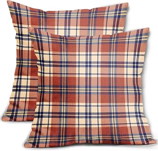 Fall Plaid Pillow Covers 18x18 Set of 2 Burnt Orange Blue Rustic Autumn Colored Print Decorative Outdoor Pillowcases Farmhouse Throw Cushion Case Decor for Home Couch Sofa Bed