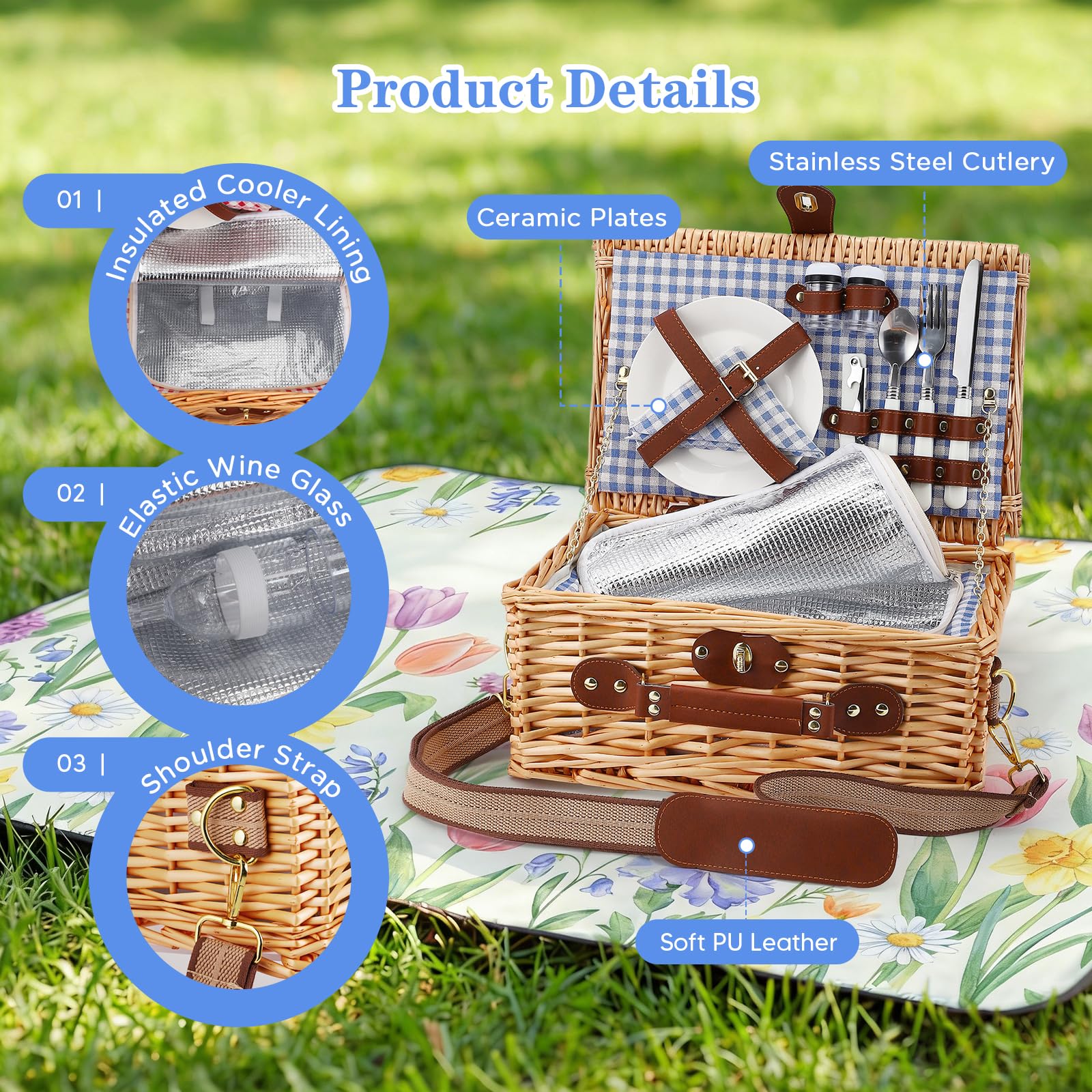 Cesto da Picnic in Vimini per 2 Persone con Scomparto Termico, Blu