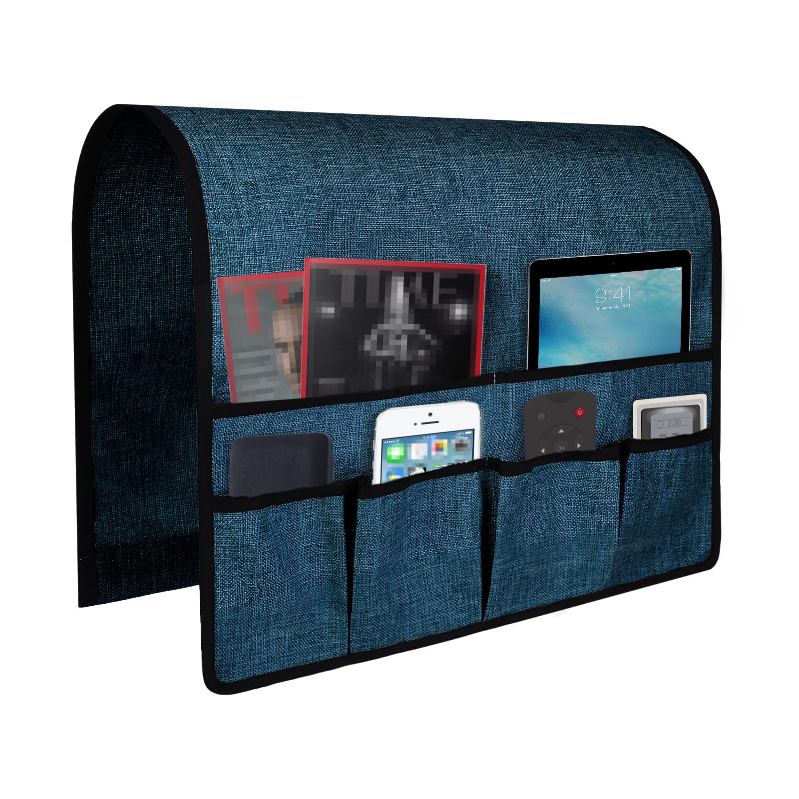 NICEEC Non Slip Linen Sofa Armrest Organizer for Sofa Couch Recliner Remote Holder Armchair Caddy with 6 Pockets Storage for Magazine Books,TV Remote Control,Cell Phone,Glasses,Charger-Dark Teal
