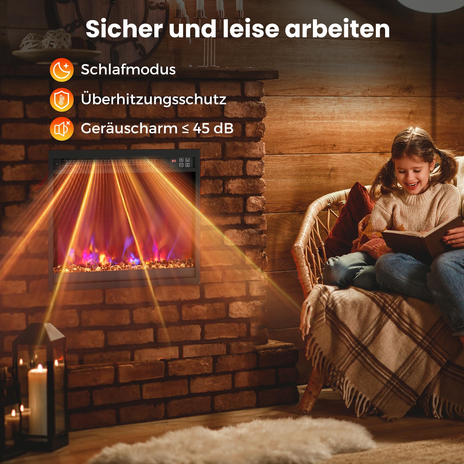 RELAX4LIFE 18" Elektrokamin mit heizung, schwebender Kamin mit LED-Ambientelicht & 3D-Flammeneffekt & Kristall-Glutbett, Deko Wandkamin mit Fernbedienung, 1500 W, 8 Flammenfarben, 9H-Timer, 17℃-32℃