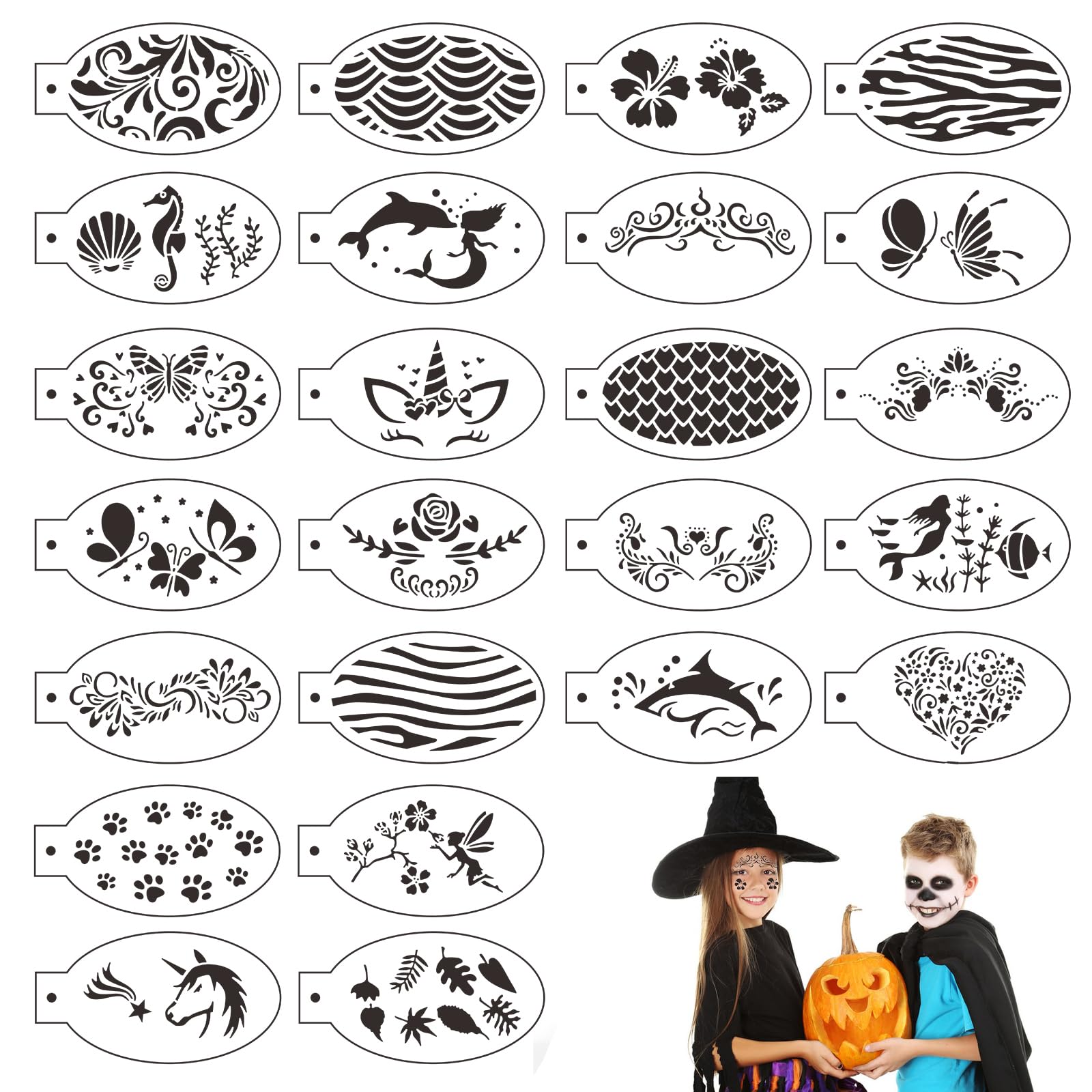 24 Pieces Face Paint Stencils Kit for Kids Adult, Body Painting Template for Party Holiday Halloween Makeup Art Painting, Reusable Soft Tattoo Temporary Stencils for Children