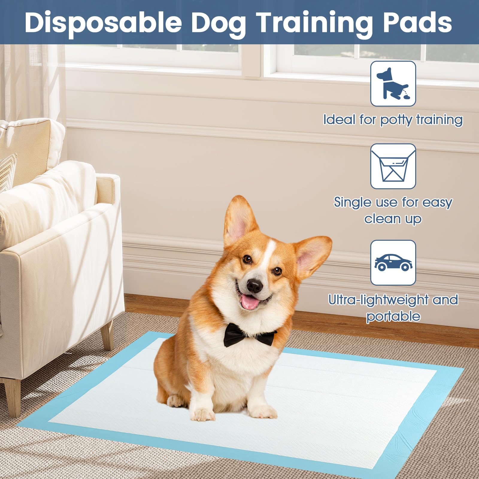 FANTASK Matten für Hunde, 150 Stück Trainingspads, Auslaufsicheres 6-lagiges Design, Hygieneunterlagen Einwegpads, schnelltrocknend, Welpen Unterlagen (90 x 60 cm), Blau+weiß