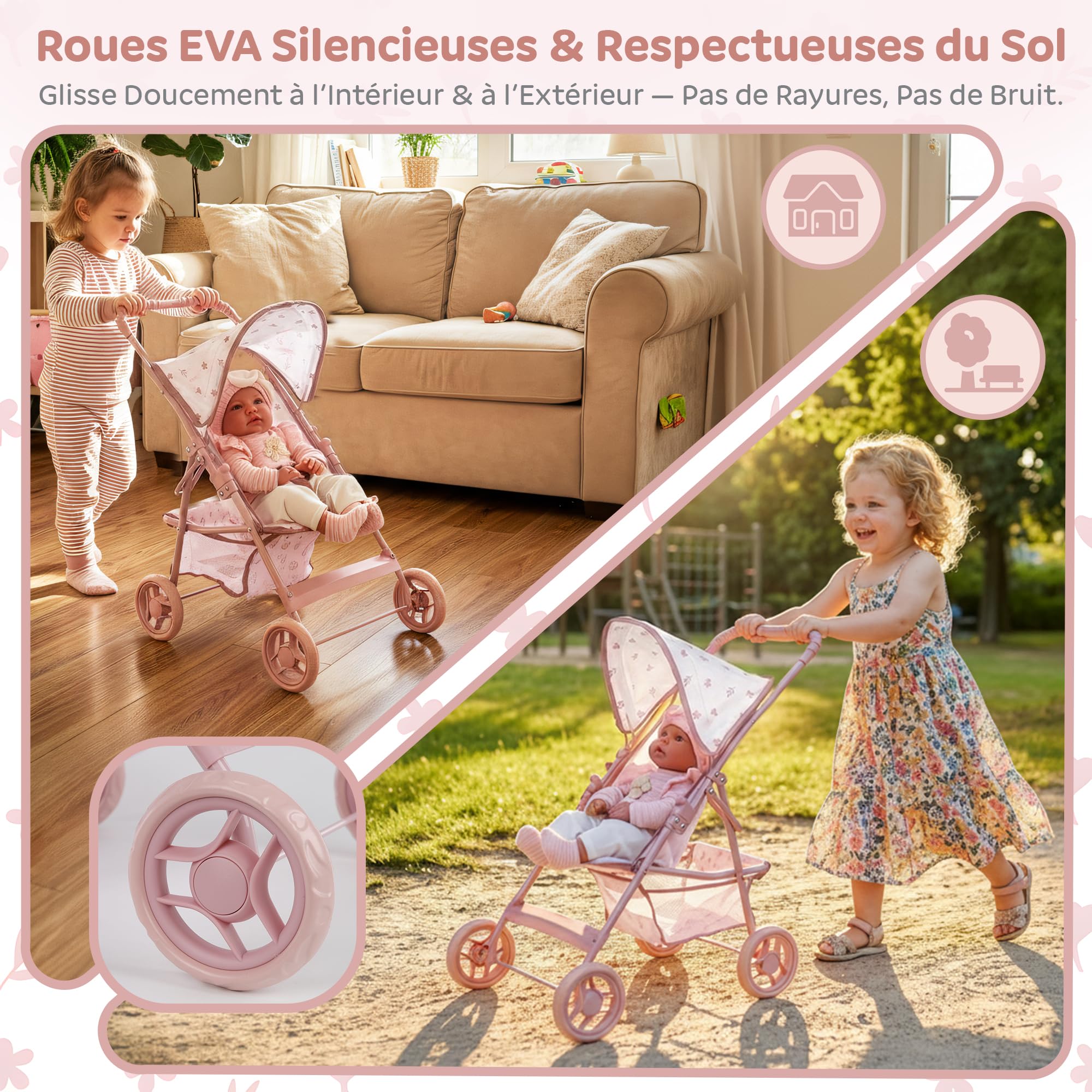 Kinderplay Poussette de poupée à partir de 3 Ans - Poussette légère et Pliable pour Fille avec Roues en EVA, Ceinture et visière - Poussette Jouet Rose