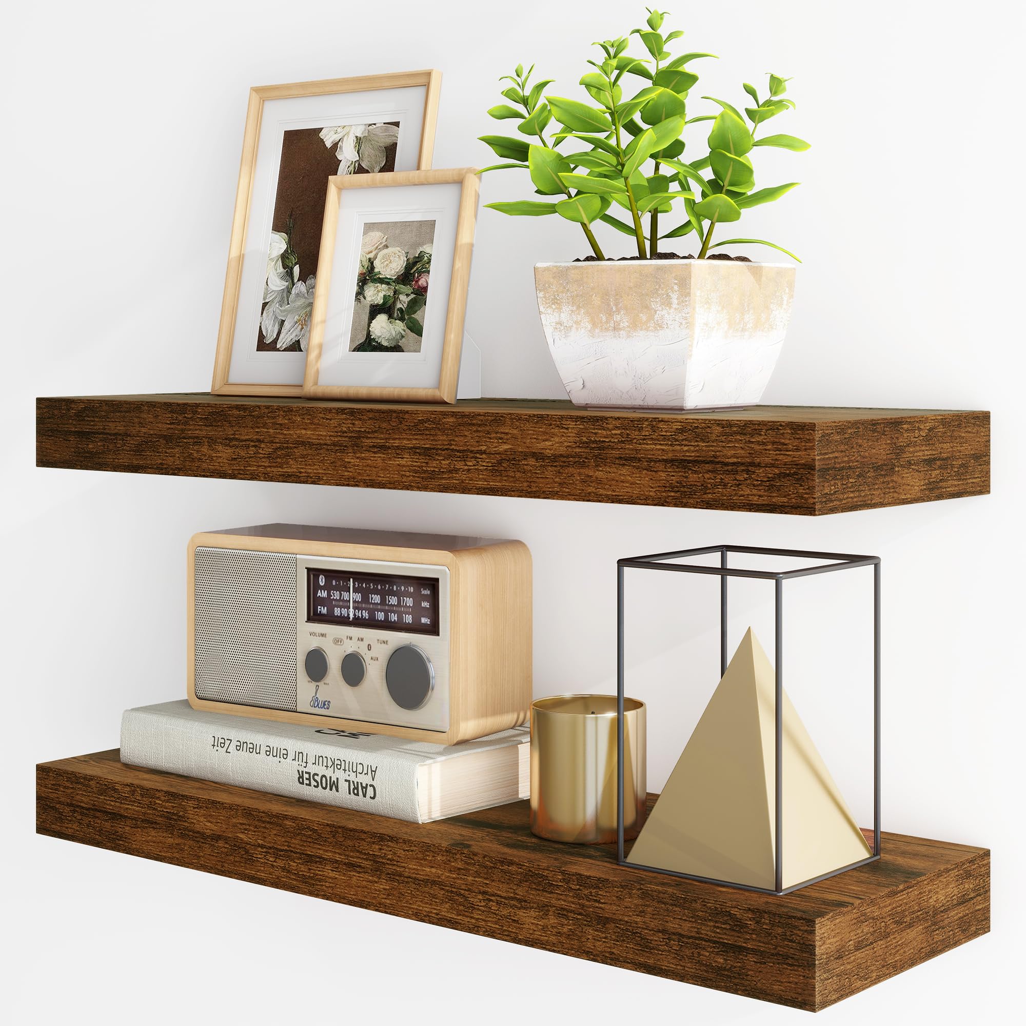 Fun Memories Floating Shelves for Wall, 24Inch Floating Shelves Set of 2, Hanging Shelf with Invisible Brackets, Wood Shelves for Living Room, Bedroom, Kitchen, Brown