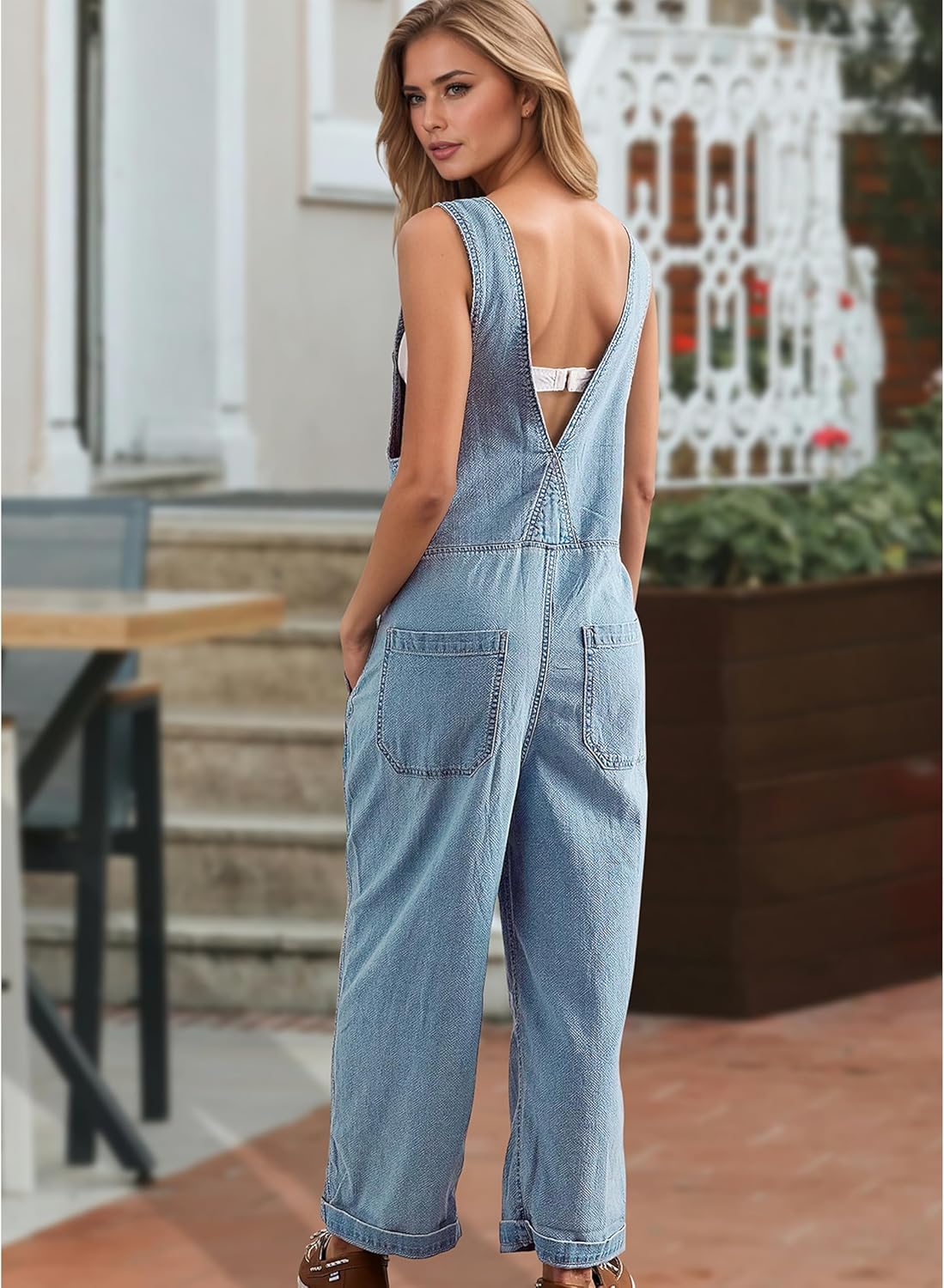 Fdakg Women's Denim Overalls Casual Loose Fit Wide Leg Jumpsuit Zipper Sleeveless Bib Overalls Jeans with Pockets - Image 6