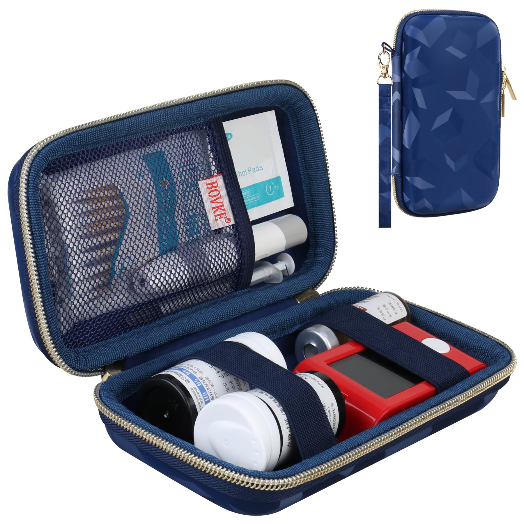 BOVKE Diabetic Supplies Travel Case, Storage Carrying Bag for Diabetes Testing Kit, Blood Glucose Monitor Meters, Test Strips, Medication, Lancets, Needles, Syringes and Diabetic Supplies, Blue Cube