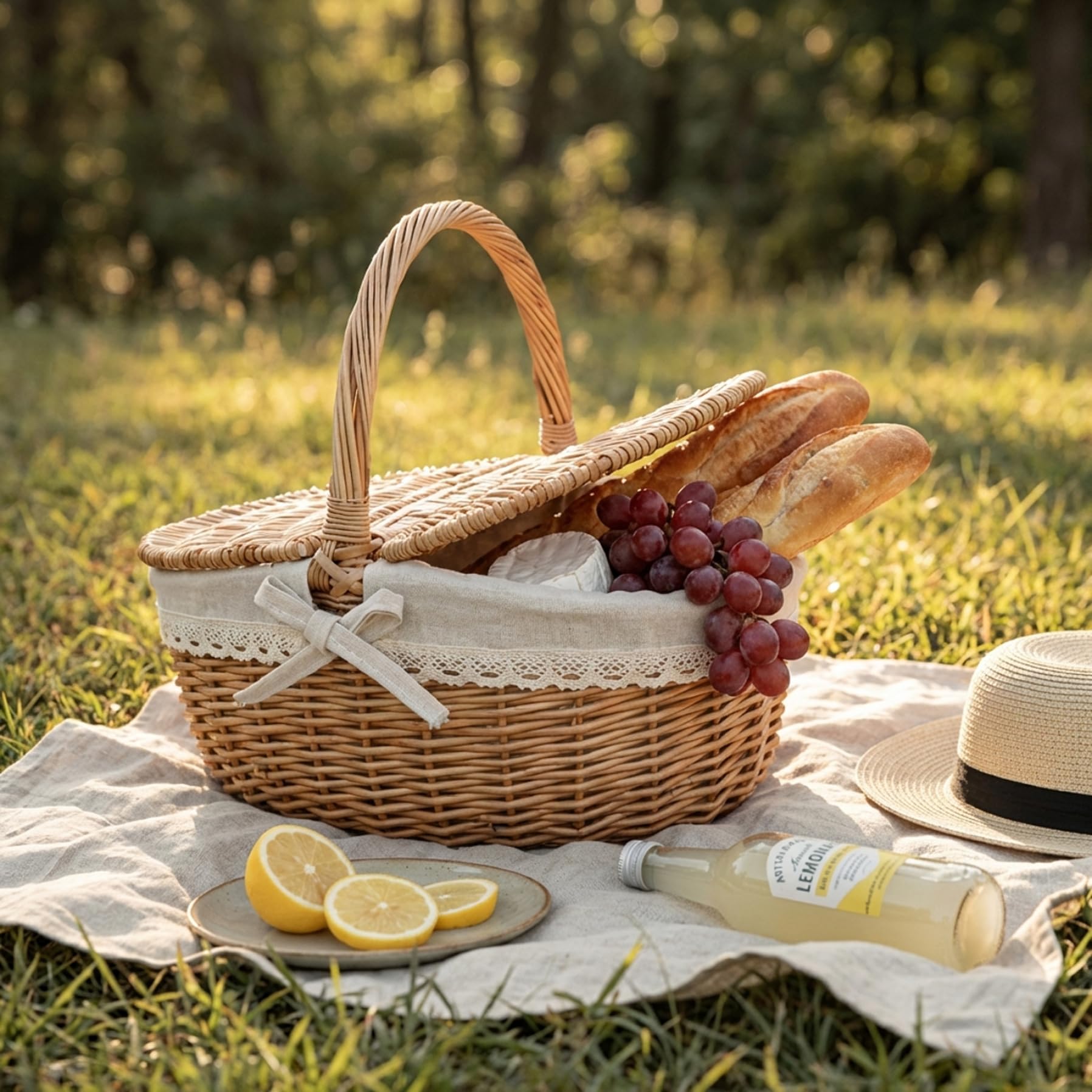 Cestino da picnic in tessuto stile vintage con coperchio e manici – Cestino da picnic in vimini per riporre la spesa campeggio, medio