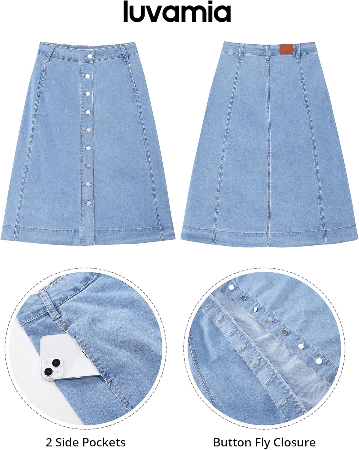 luvamia Jean Skirts for Women Trendy Midi Length A Line Western Casual Button Down Stretchy Denim Skirt with Pockets - Image 4