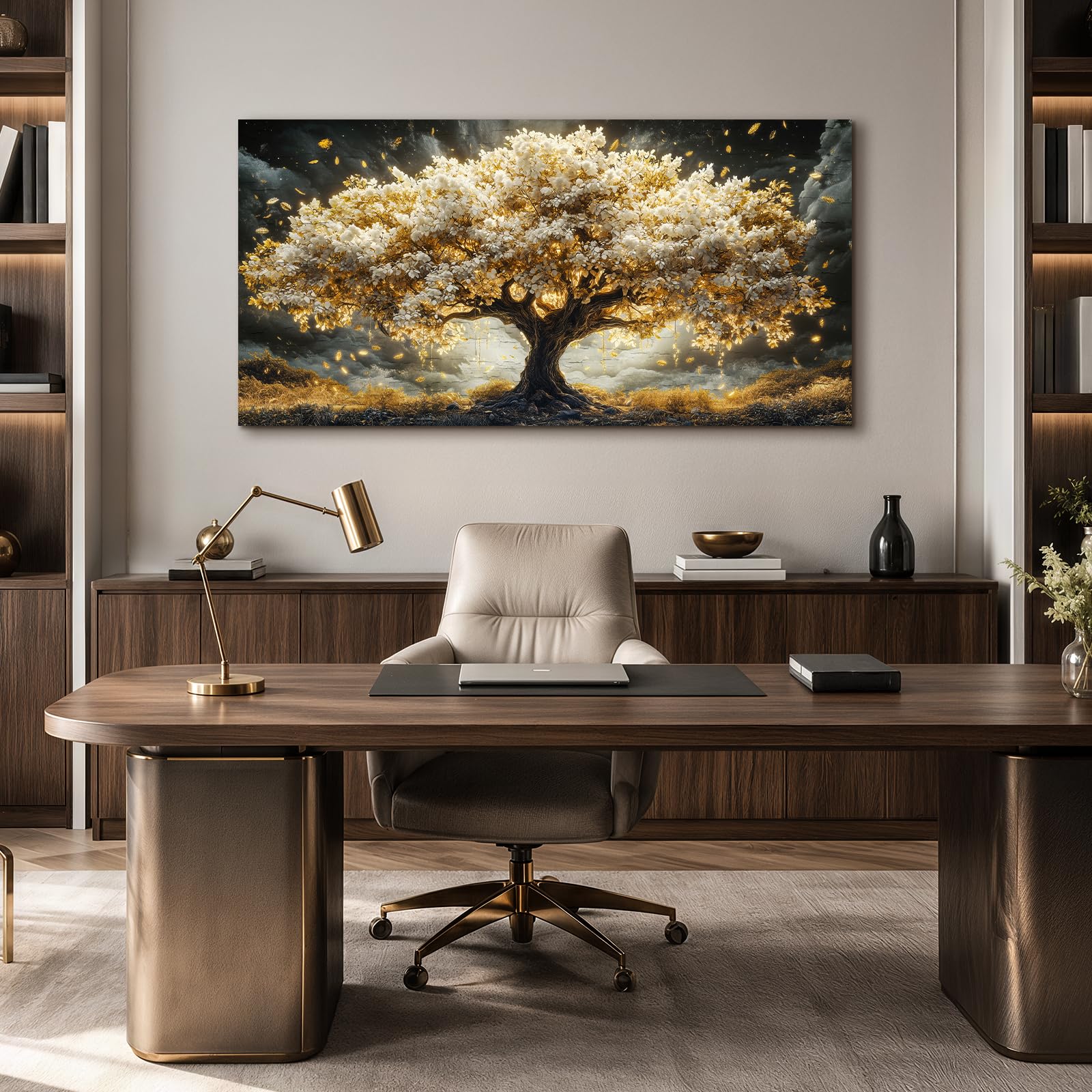 JHHUAMO Tableau Décoration Murale Arbre de Vie Doré Salon Chambre 73x146 cm | Tableau Nature, Impression Haute Définition, Installation Facile, Artisanat Exquis, Polyvalent