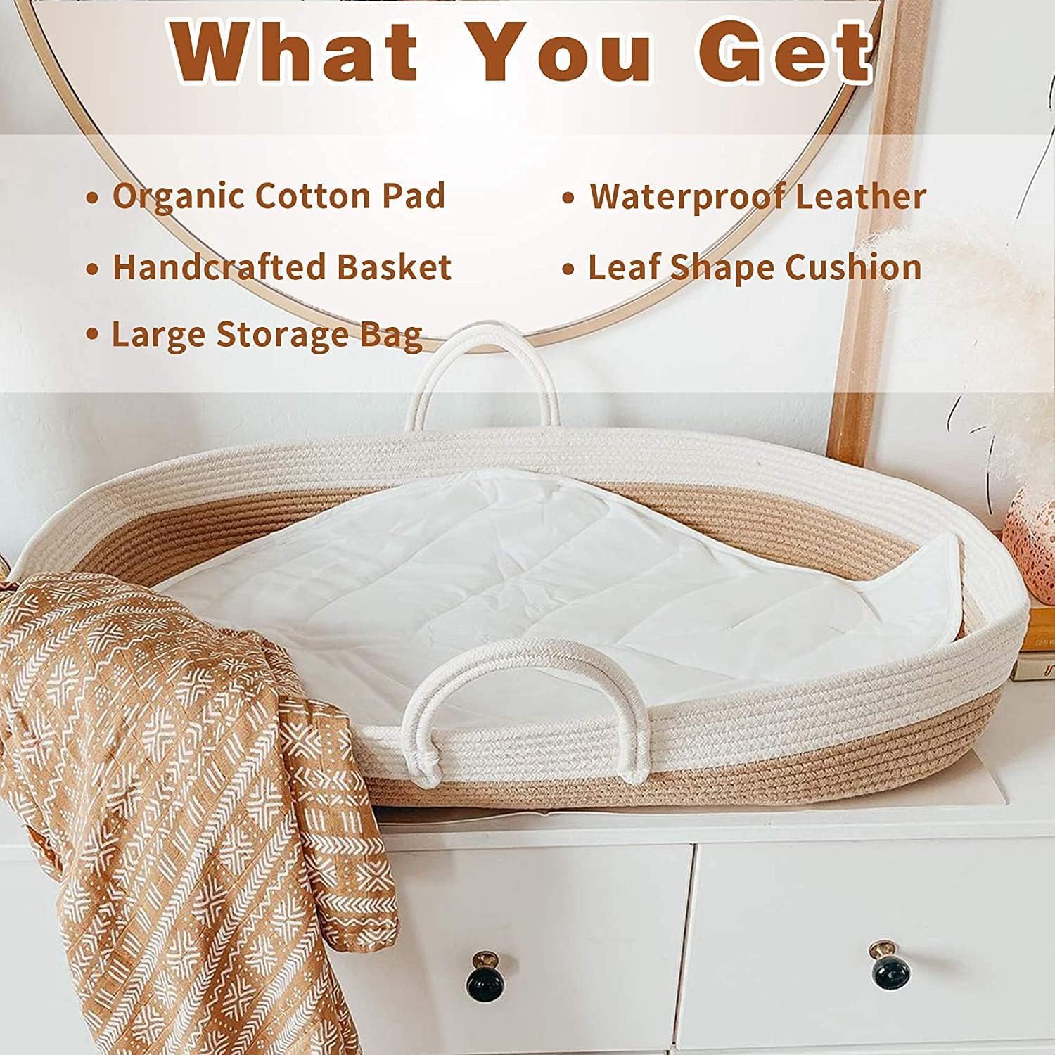 Baby Diaper Changing Basket, Nursery Set with Thick Pad,Waterproof Leather Pad, Leaf Shape Cushion and Storage Bag