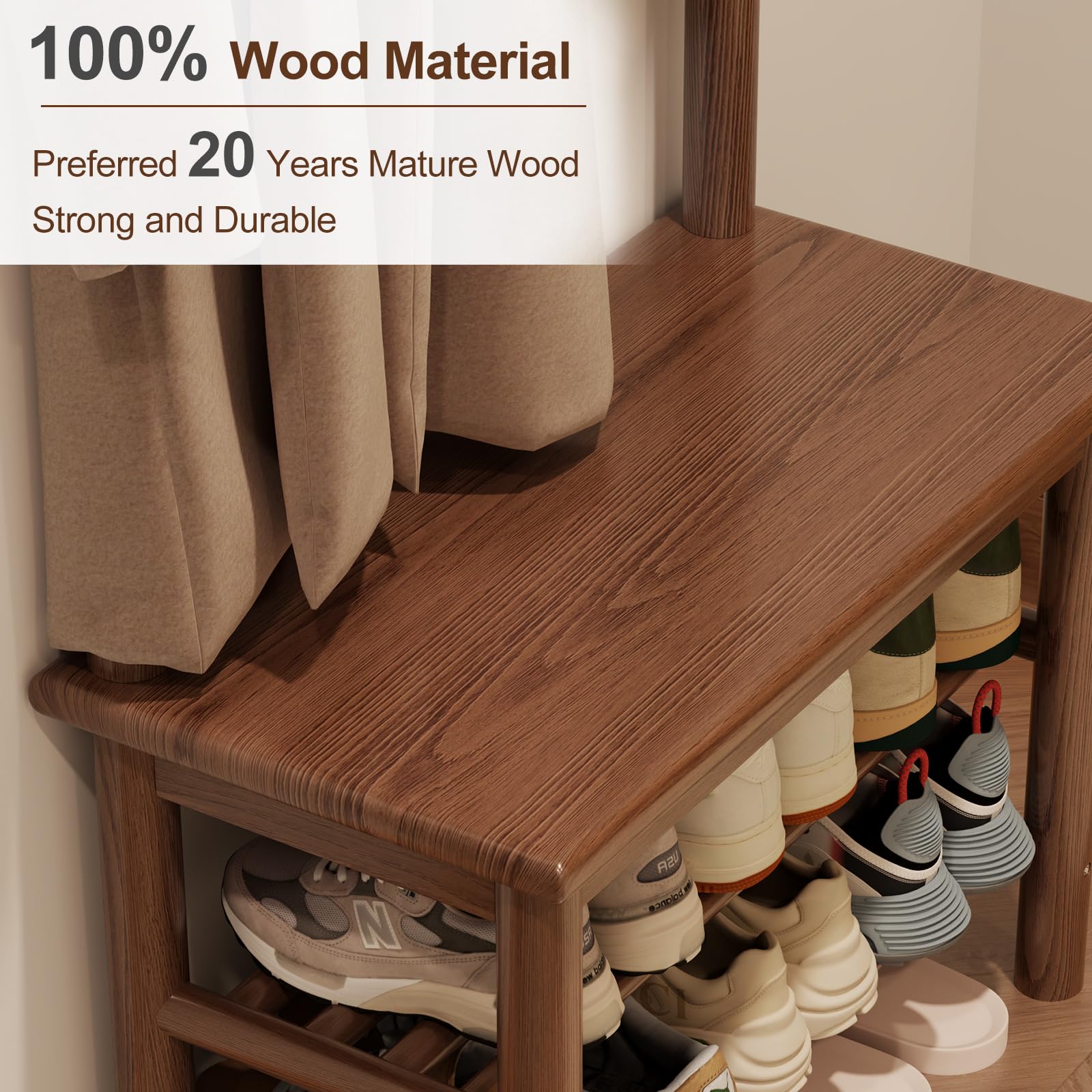 AQIMUELE Appendiabiti a 3 Ripiani, Attaccapanni Portabiti in Legno con Panca, 11 Ganci, per Corridoio Camera da Letto, Stile Moderno, 30 x 60 x 170 cm (Noce)