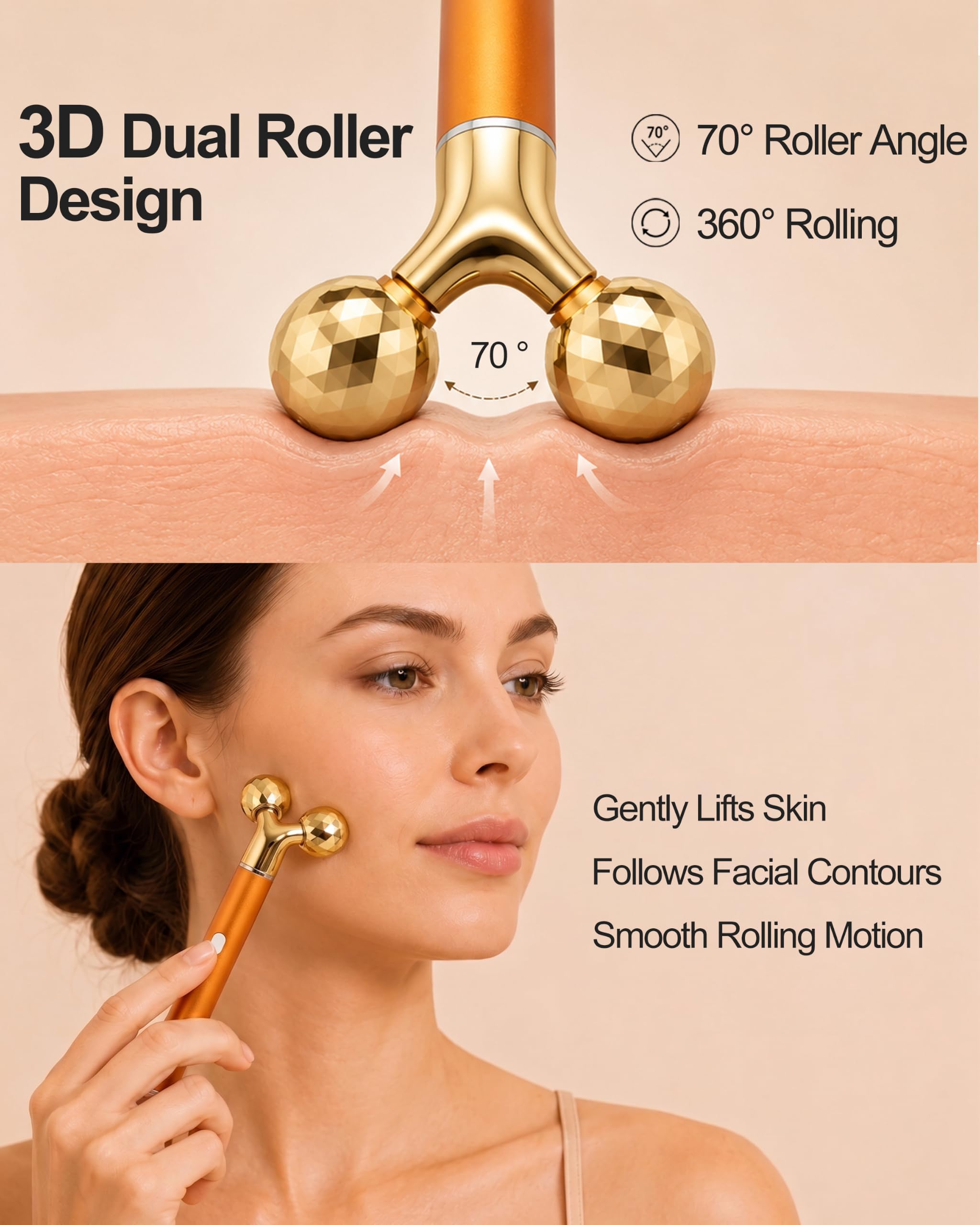 Rodillo masajeador facial recargable, masajeador facial con barra en T vibrante dorada y rodillo facial 3D para drenaje linfático, depuffer facial para mandíbula, cara hinchada y rutina de