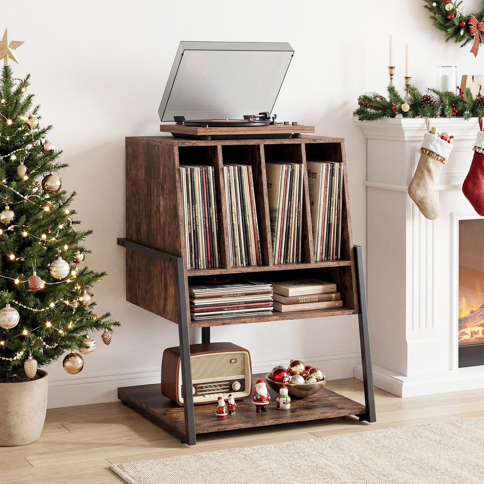 COSTWAY Mueble Tocadiscos con Ruedas, Mesa Auxiliar de Madera para Discos, Marco Metálico con Estante para Vinilos, Mueble para Tocadiscos y Vinilos, Salón y Dormitorio (sin Eschufe,Marrón)