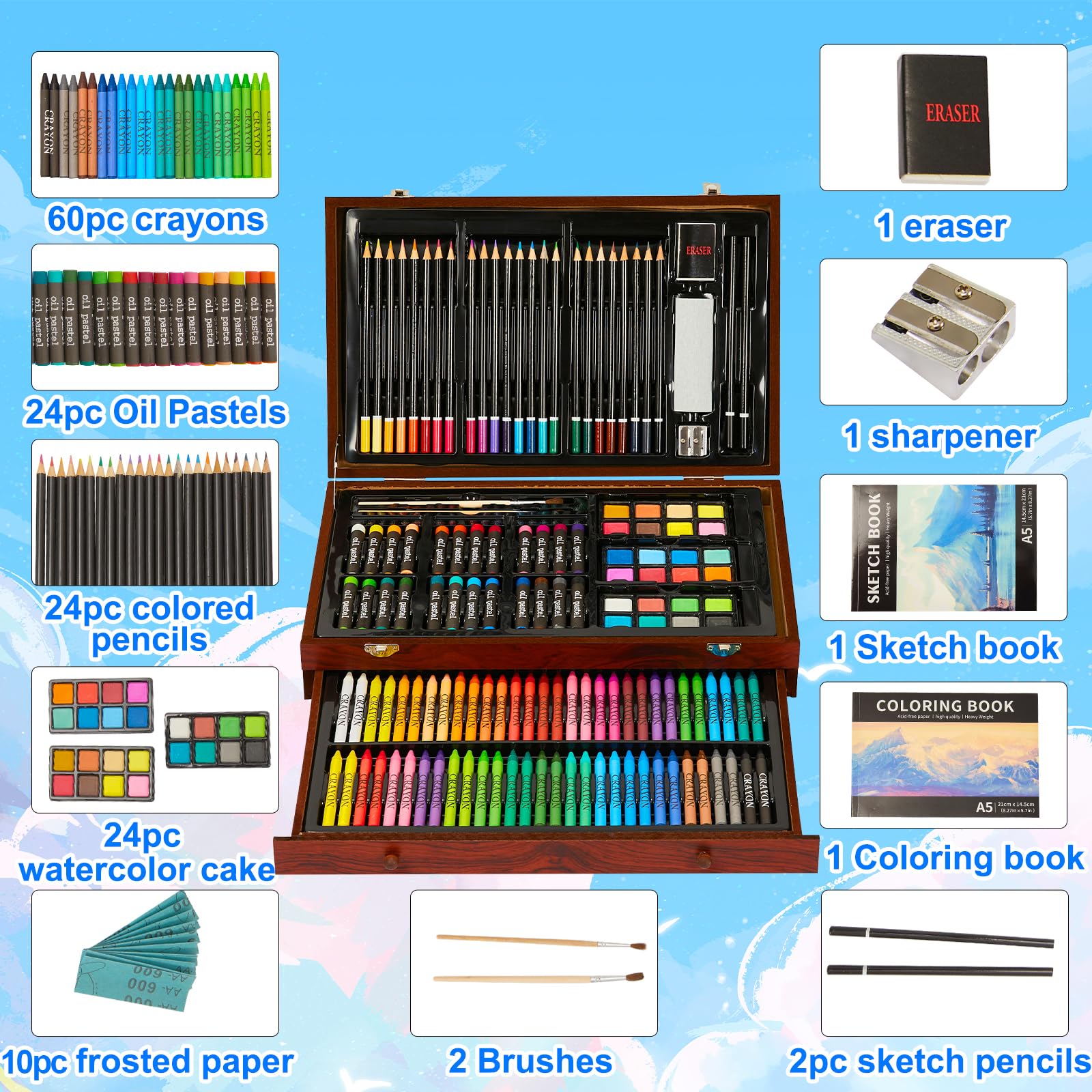 KINSPORY Maletin Pinturas para Niños, 146 piezas Juegos de Dibujo, Pinturas para Niños, Lapices de Dibujo (marrón)