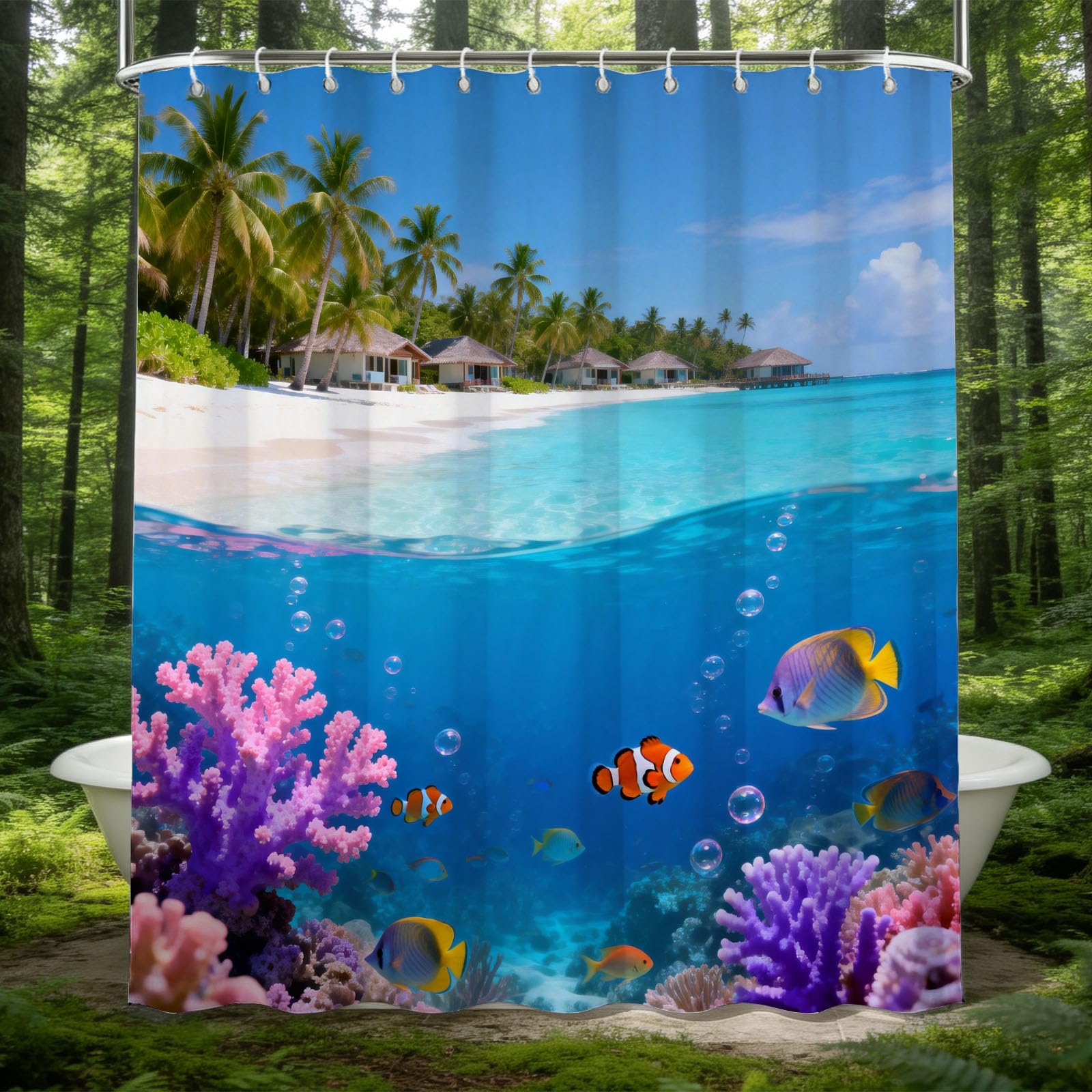 Hongduo 3D Beach Shower Curtain for Stalls Bathtubs Colorful Coral Reef Bathroom Decor Shower Curtain Set Polyester Fabric Waterproof 180x200cm/71X79 Inch with Hooks