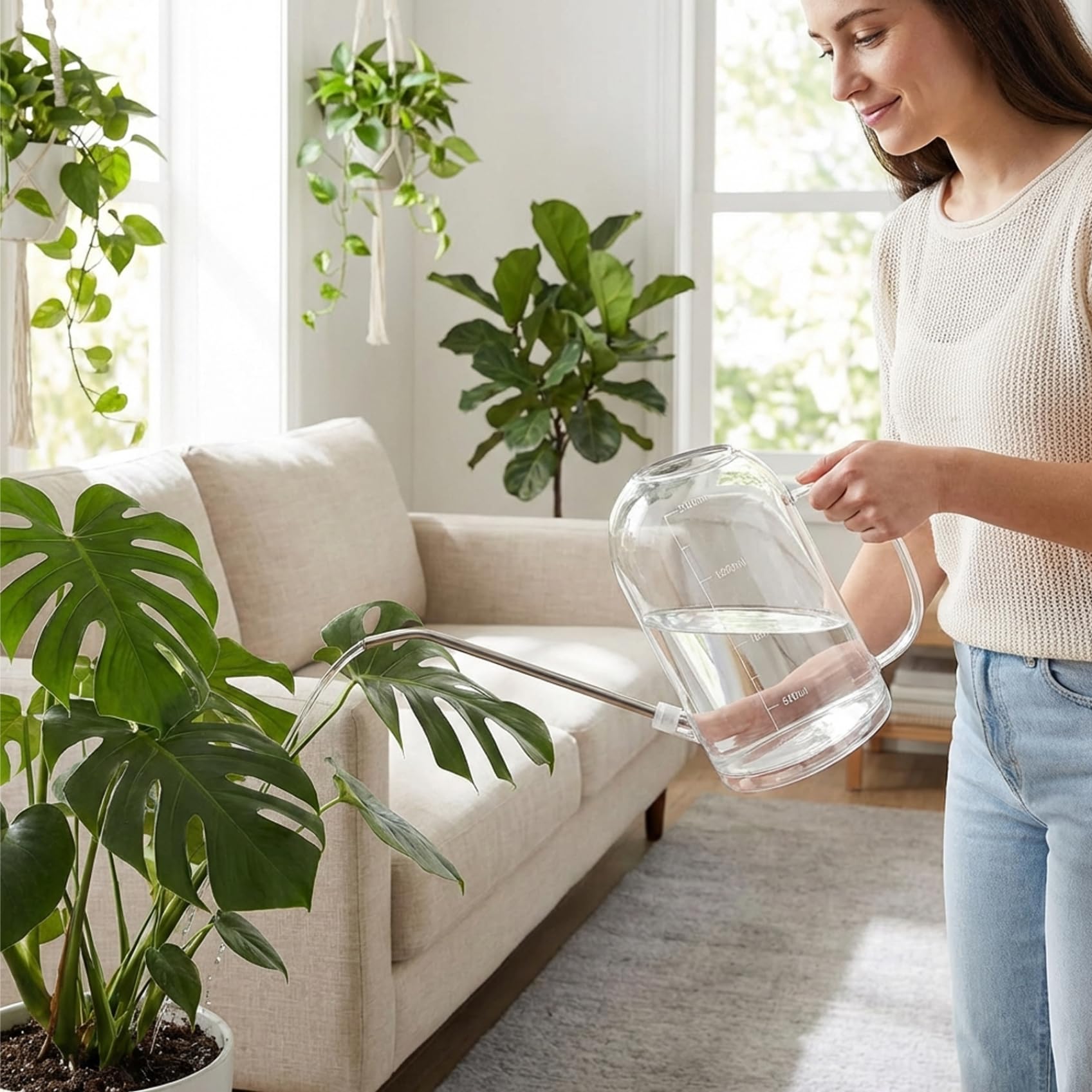 Regadera de Interior de 2 litros, regadera Transparente con Pico Largo de Acero Inoxidable, Mango y aspersor Desmontable para Plantas de Interior, balcón y jardín