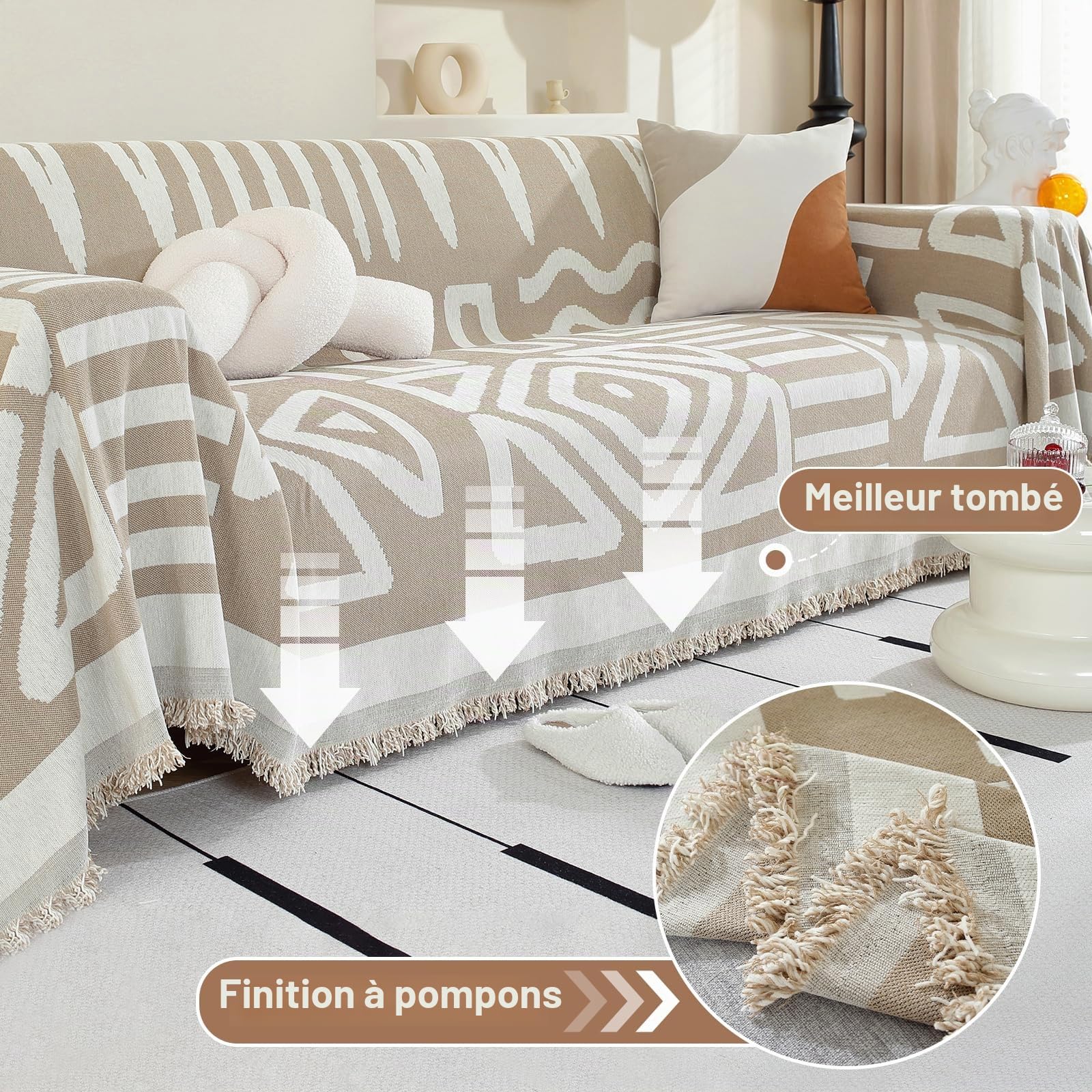 OstepDecor Housse de Canapé 1/2/3/4 Places, 180 x 260 cm, Jeté de Canapé en Chenille Douce, Protège-Canapé Tous Les Saisons, Antitache et Facile à Nettoyer (Kaki Bohème)