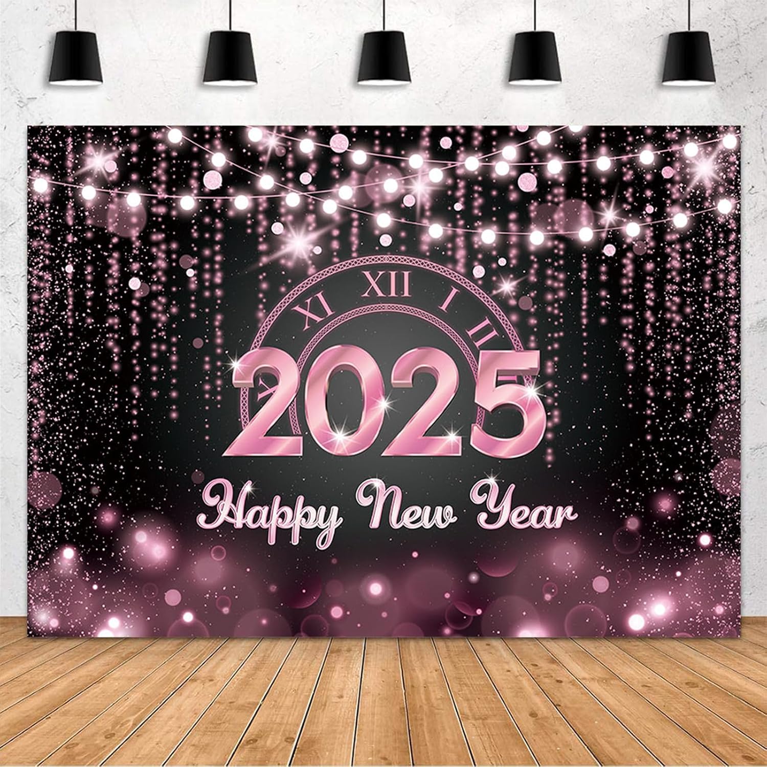 MEHOFOND Black and Pink Happy New Year Backdrop Countdown Party Hello 2025 Gold Bokeh Glitter Dots Shiny Lights Photography Background Cheers to The New Year Xmas Eve Decoration Supplies 10x7ft 10x7ft Black and Pink