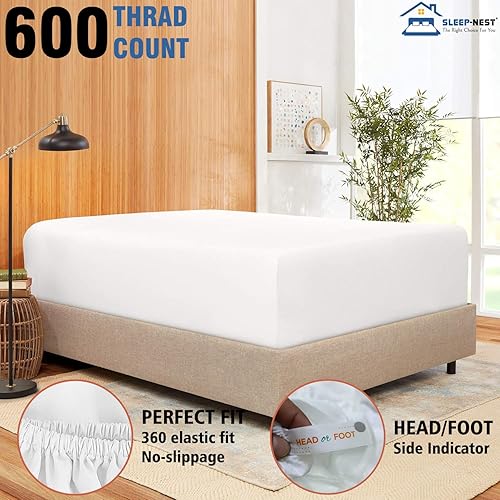 Miniatura 2 de SLEEP-NEST Sábana bajera tamaño King 100% algodón de fibra larga, lujosa y suave, elástica de 600 hilos, para colchones de hasta 16 pulgadas, tejido