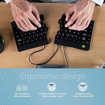 R-Go Ergonomic keyboard, Split design, Natural Typing Keyboard for Carpal Tunnel, Keyboard in 2 parts, With Break software, Ultra Thin, QWERTY(UK) Layout, USB Wired, Black