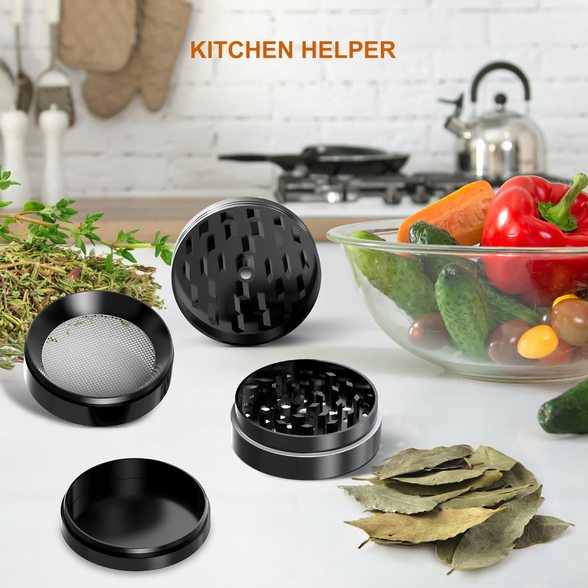 KitchenBoss Młynek metalowy, mały młynek 4-częściowy, kruszarka, 4,9 cm, z narzędziami do czyszczenia przypraw (niklowo-czarny)