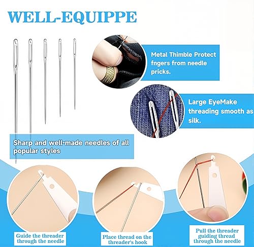 Miniatura 3 de Juego de 37 herramientas de costura, nuevo kit de agujas de coser de acero de ojo grande, agujas de acero inoxidable para coser a mano, juego de