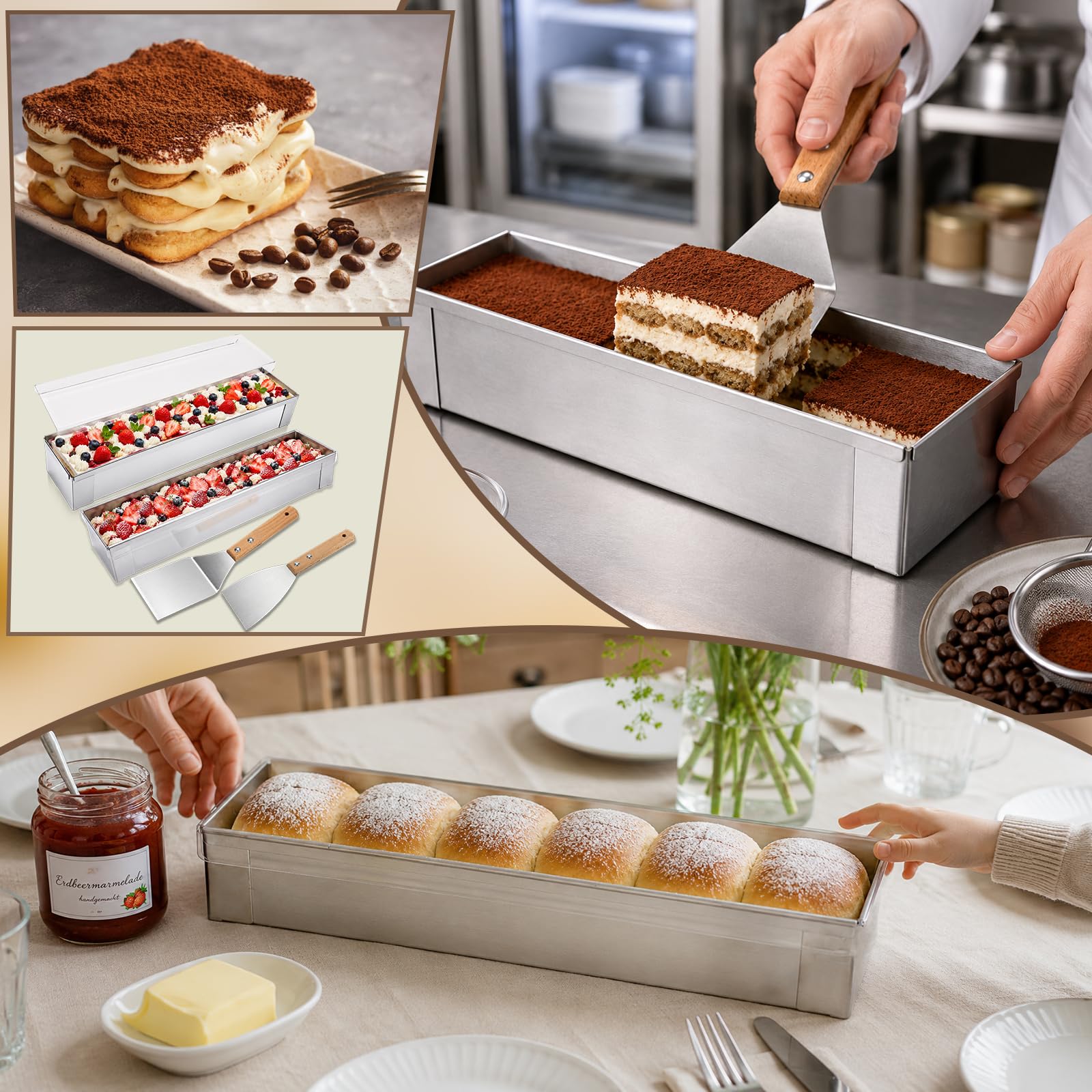 2er Set Tiramisu Backform mit Acryldeckel, 40cm Edelstahl Kuchenform Eckig mit Abnehmbaren Seitenteilen, 304 Mousse Ring Backrahmen inkl. 2 Servierspachtel für Schichtkuchen Desserts